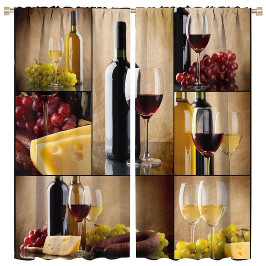 JADERYS Wine Curtains Rustic Farmhouse Red Wine Glass Collage Vintage Brown Bedroom Kitchen Cafe Blackout Rod Pocket Decoration Window Drapes 2 Panels W21xL45in