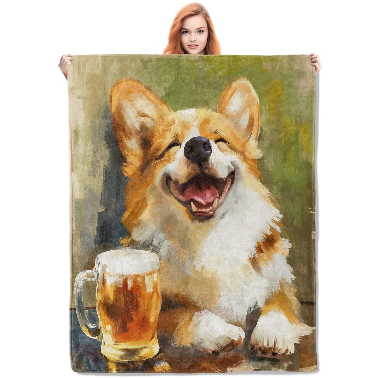 VANZEV Cute Corgi Blanket,Corgi and Beer Flannel Throw Blankets,Soft Warm Lightweight Cozy Plush Animal Throws for Bedroom Sofa Office Home Decor Gifts for Women Girls 60"x50"
