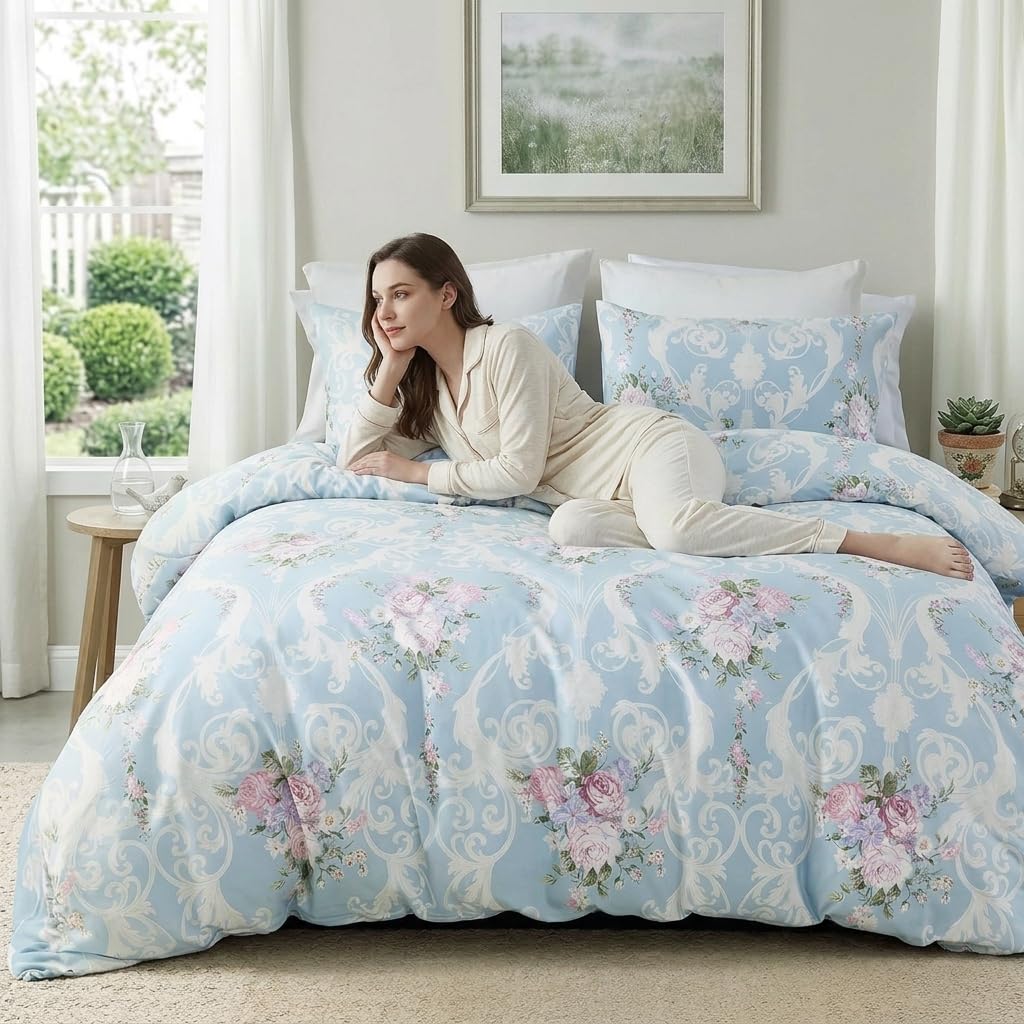 Cozaline Floral Duvet Cover Set King Size 100% Nature Cotton Blue Comforter Cover with Pink Floral, 3 Pieces Breathable & Soft Aesthetic Bedding Set with Zipper Closure