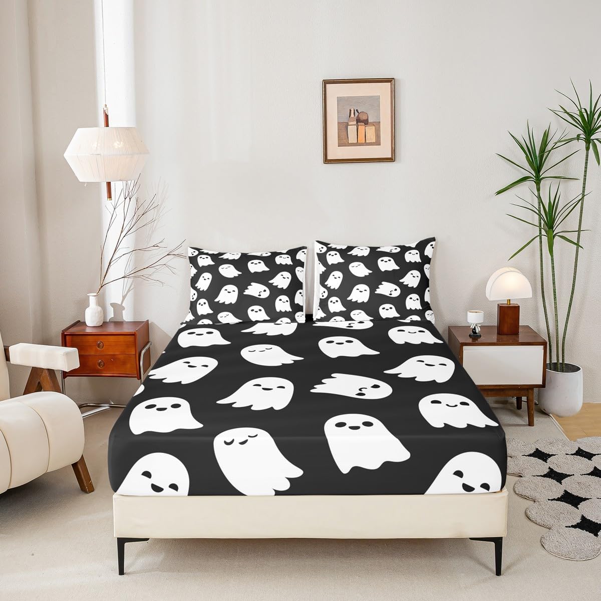 Lovely Black White Fitted Sheet Queen Size Halloween Theme Bedding Sheet Set,Cute Cartoon Ghost Bed Cover Ultra Soft Breathable Bedding 3 Pcs