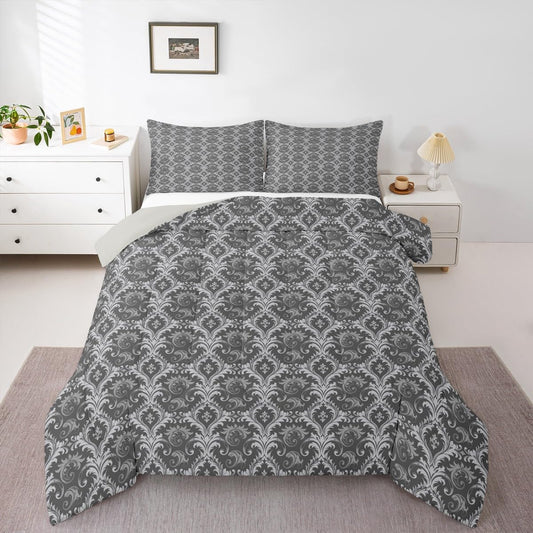 jejeloiu Gothic Damask Comforter Set Queen Size Scrollwork Bedding Set for Kids Boys Girls Gray White Duvet Quilt Vintage Floral Bedroom Decor Microfiber 3 Pcs with 2 Pillow Cases