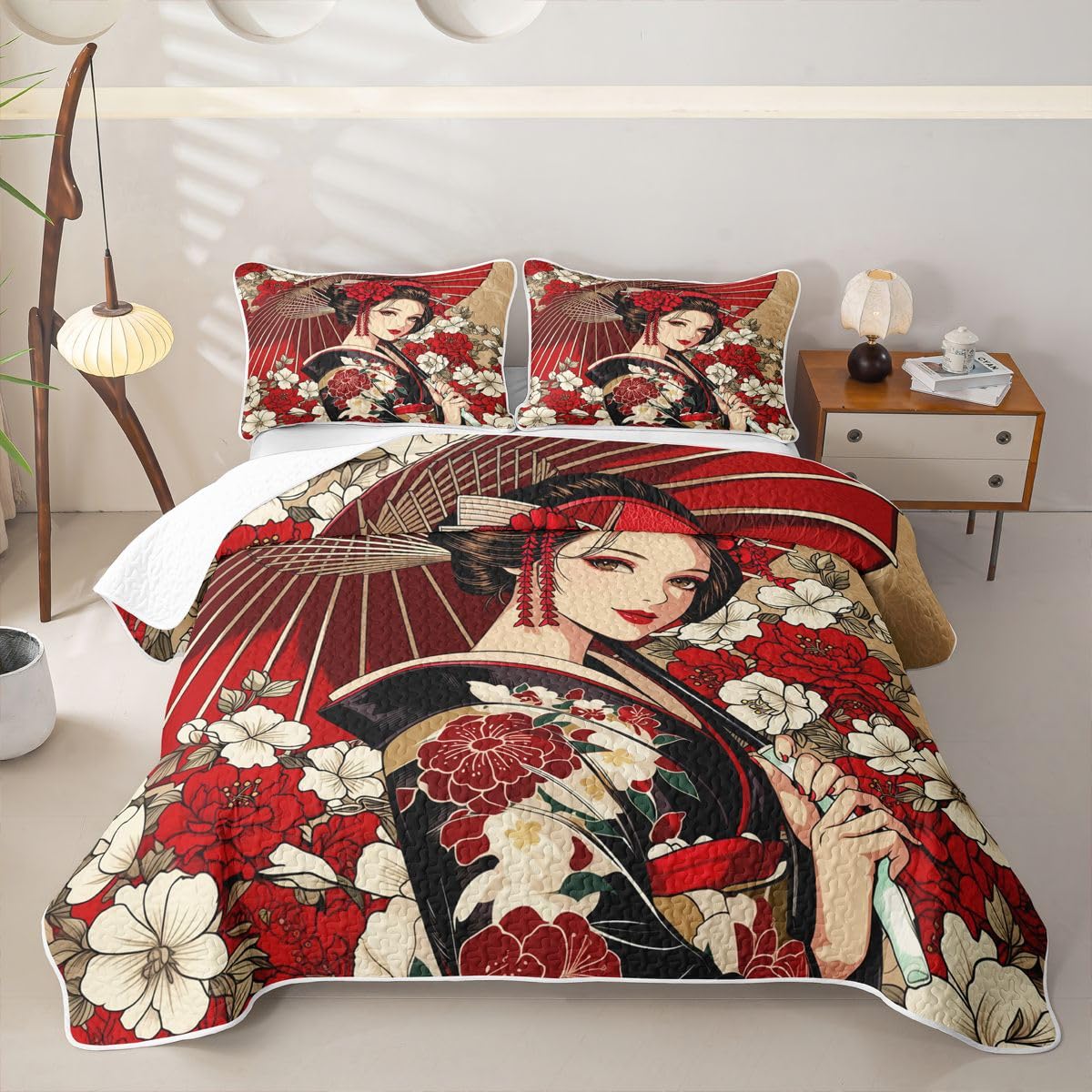 Erosebridal Geisha Quilt Twin Size - Japanese Bedspread Traditional Geisha Bed Coverlet with 1 Pillowcase