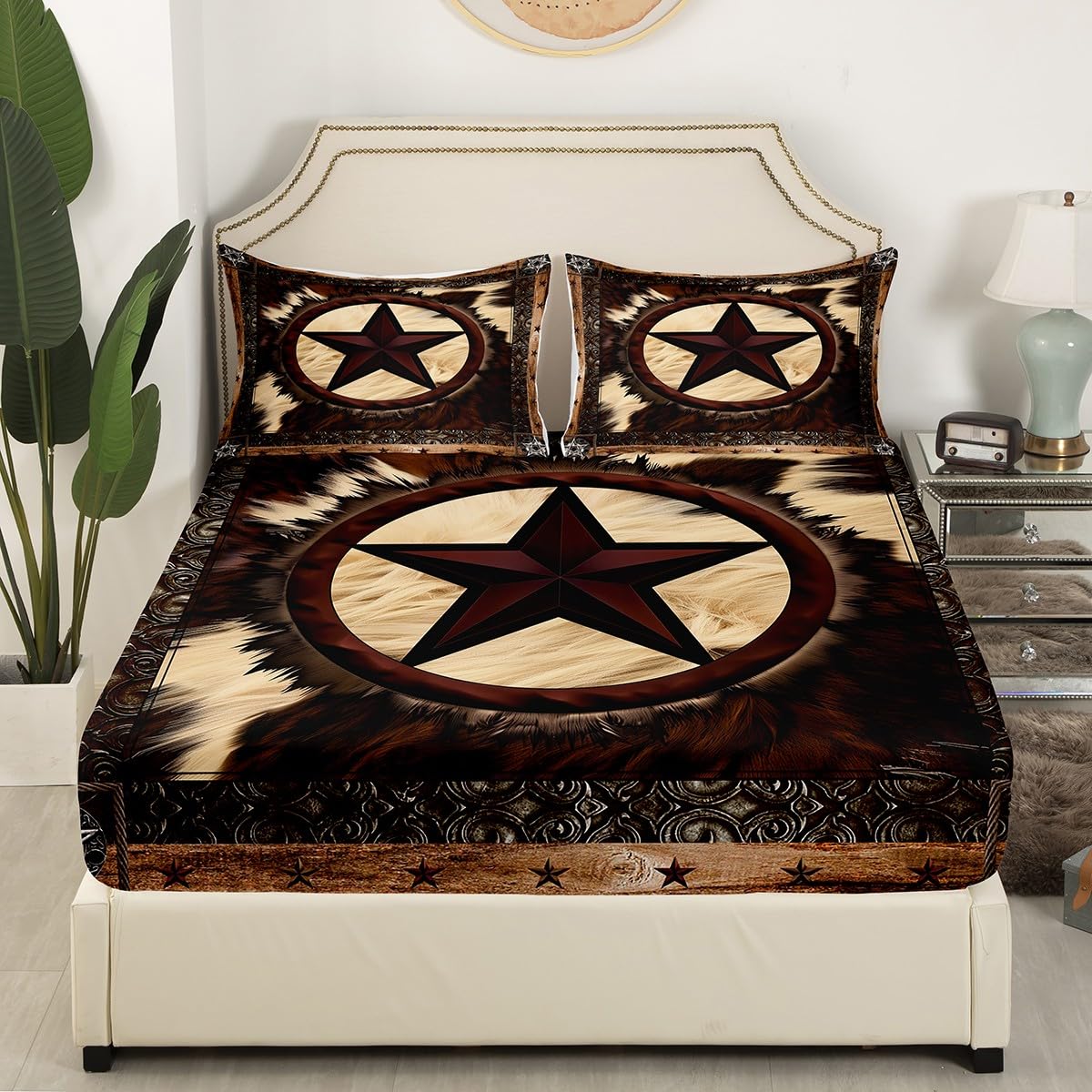 Cow Print Sheet Set Full Size,Retro Cowhide Bed Sheets for Kids Teens Adult,Geometric Western Texas Stars Bedding Set,Rustic Farmhouse Animal Fur Fitted Sheet + Flat Sheet + 2 Pillowcases Wrinkle Free