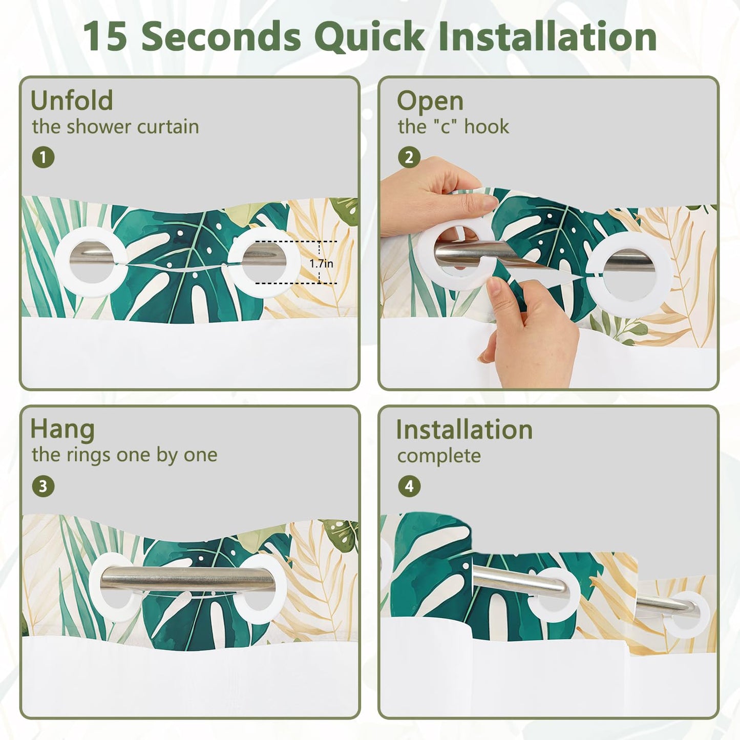 Sage Green Tropical Leaves Shower Curtain and Liner Set, Monstera Palm Leaf Botanical Design Bathroom Curtains, Waterproof Double Layers Fabric No Hook Shower Curtain with Top Mesh Window, 71x74 Inch