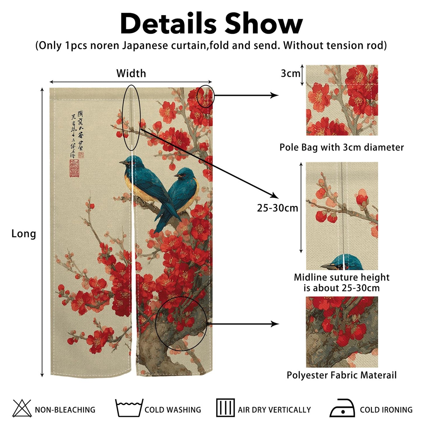 XMJJKUF Japanese Doorway Curtain Noren Long Style Red Cherry Blossom Printed Door Tapestry Window Treatment for Hanging Room Divider Kitchen Door Curtains Japanese Home Decor, 33.5"x 70.9"