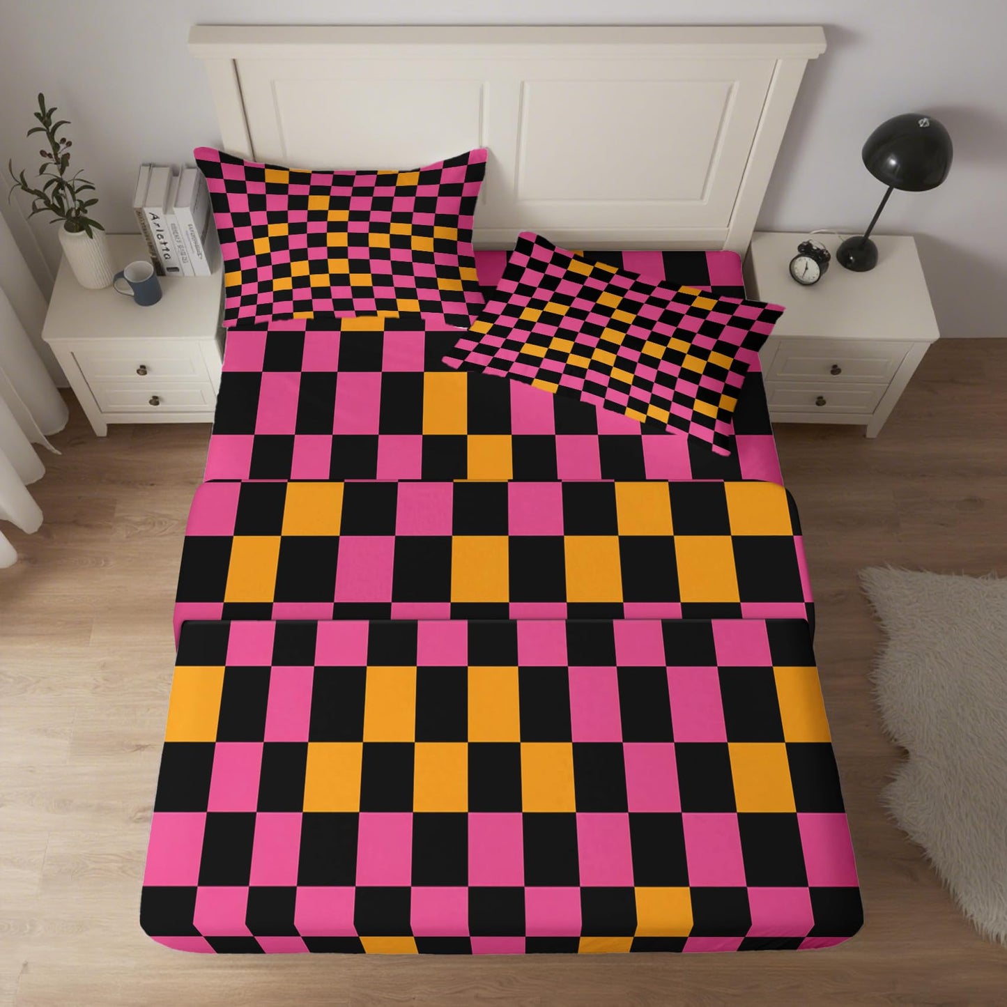NOGAWA Retro Checkered Sheets King Size, 70s Geometric Bed Sheets, Y2k 2000s Bedding Sheets, Pillowcases 4 Piece Set, Microfiber Deep Pocket Fitted Sheet, Flat Sheet, 2 Pillow Cases