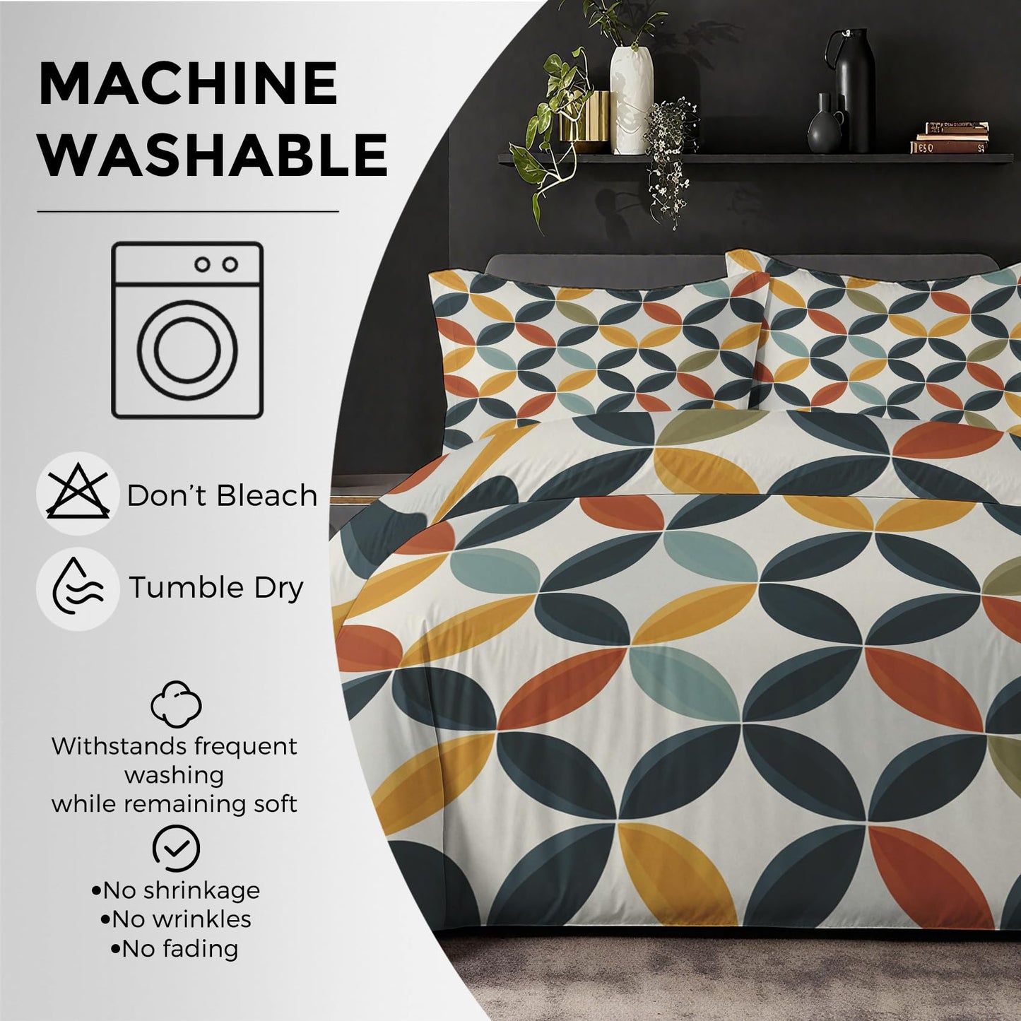 Mid Century Modern Twin Duvet Cover Set, Retro Geometric Circle Bedding Set 2 Pcs Reversible, MCM Geo Bedroom Decor, Ultra Soft Microfiber, 1 Pillow Sham, Zipper & Ties KJJT 104