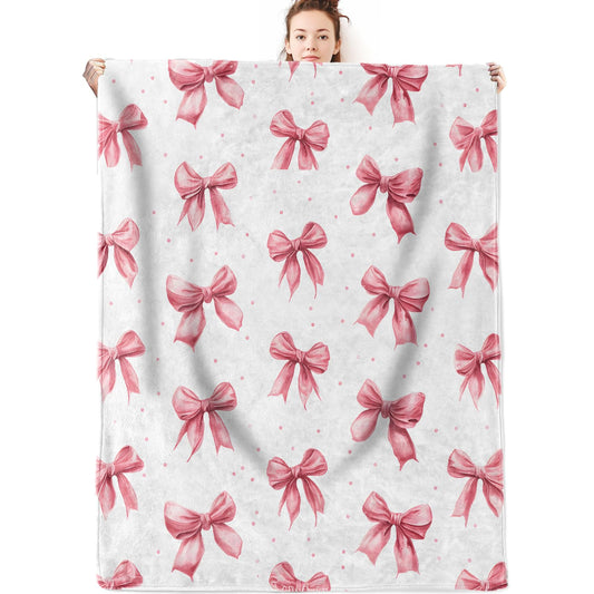 olpddz Watercolor Bow Flannel Blanket Gifts for Girls and Women,60x50inch,Pink Ribbon and Dot Throw Blankets with White Background,for Bedroom,Sofa,Living Room,Camping Decor Throws