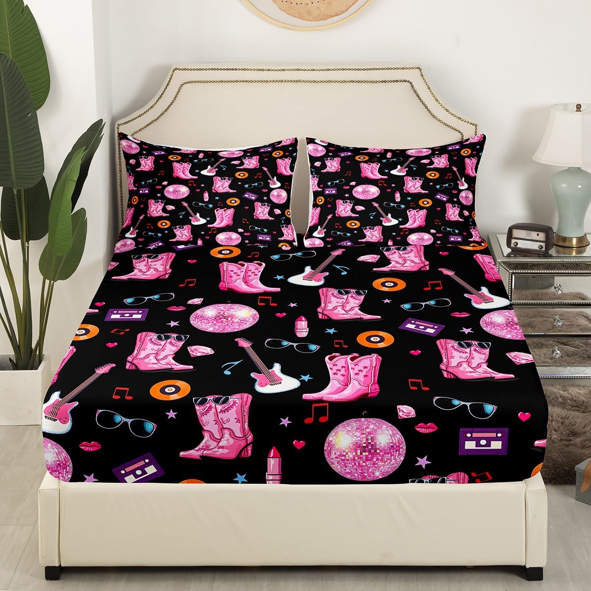 Erosebridal Music Gift Bed Sheets Set for Women Girls King Cowgirl Music Theme Sheet Set Western Horseshoe Guitar Disco Ball Sheets Black Flat Fitted Sheet 4 Pcs for Music Lover Fans