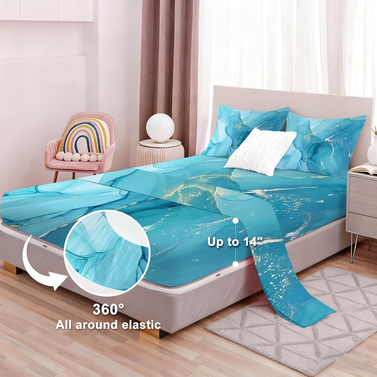 VTKON Kids Twin Blue Marble Sheets Set Aesthetic Blue Gold Marble Bedding Set Boys Girls Soft Microfiber Bed Sheet Includes 1 Fittde Sheet, 1 Flat Sheet and 1 Pillowcase