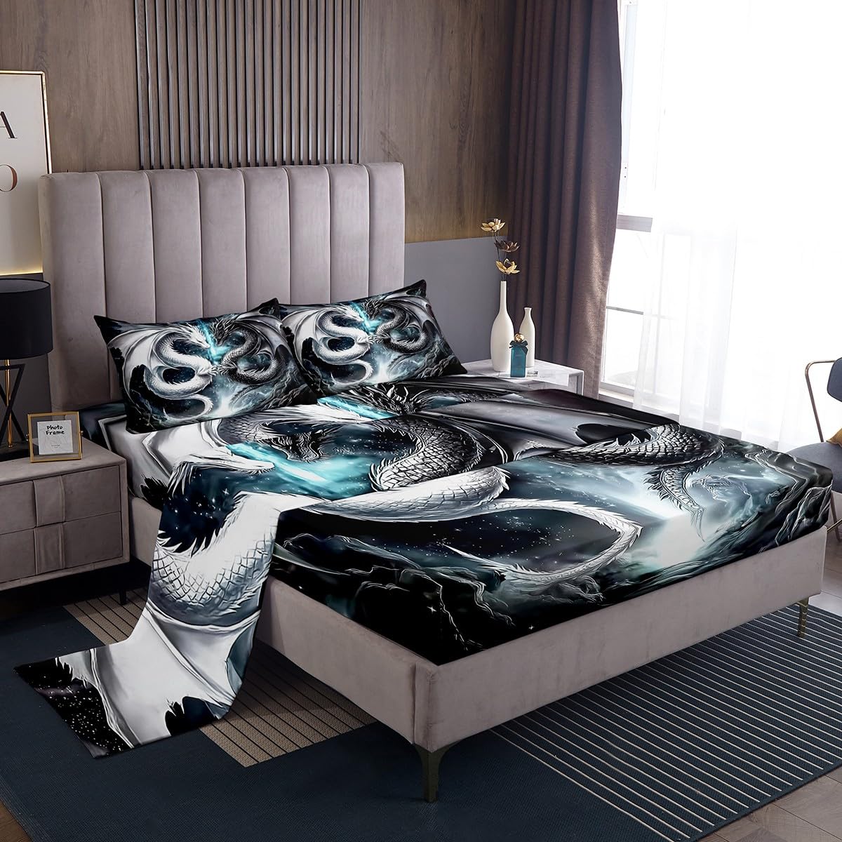 Erosebridal Dragon Twin Size Bedding Set, West Wildlife Bed Sheets Set for Teens Adult Youth Men Room, Ancient Animal Flat Fitted Sheet 3 Piece with 1 Pillowcase, Black White