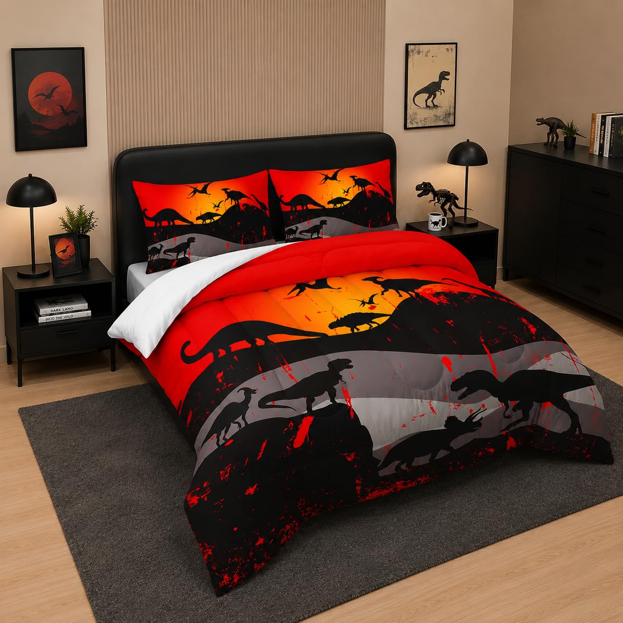 XYNHML Cartoon Dinosaur Comforter Set Twin 3Pc Kawaii Dinosaur Bedding Set All Season with Tree, Leaf Decoration Includes 1 Comforter, 2 Pillowcases for Kids Girls Teens