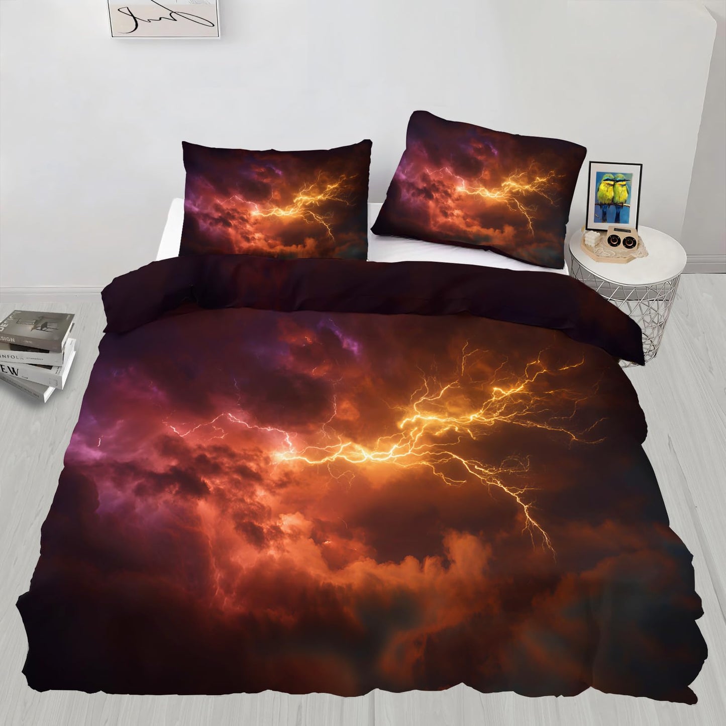 Lightning Duvet Cover Full Size, Cosmic Nebula Comforter Cover 80" x 90", Golden Lightning Bedding Set with 2 Pillowcases