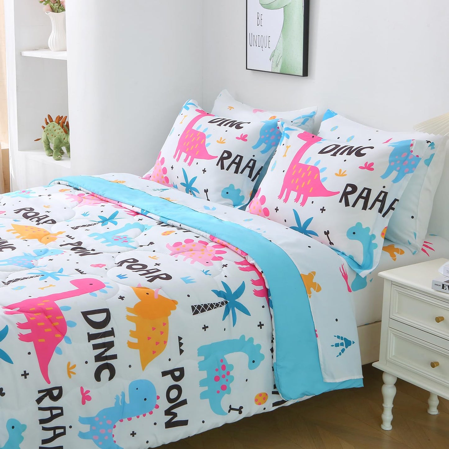Wajade 7 Piece Kid Girls Dinosaur Comforter Set Queen Size 3D Pink Dinosaur Wild Park Jungle Print Bedding Set with Comforter, Sheet Set, Pillowcase and Sham