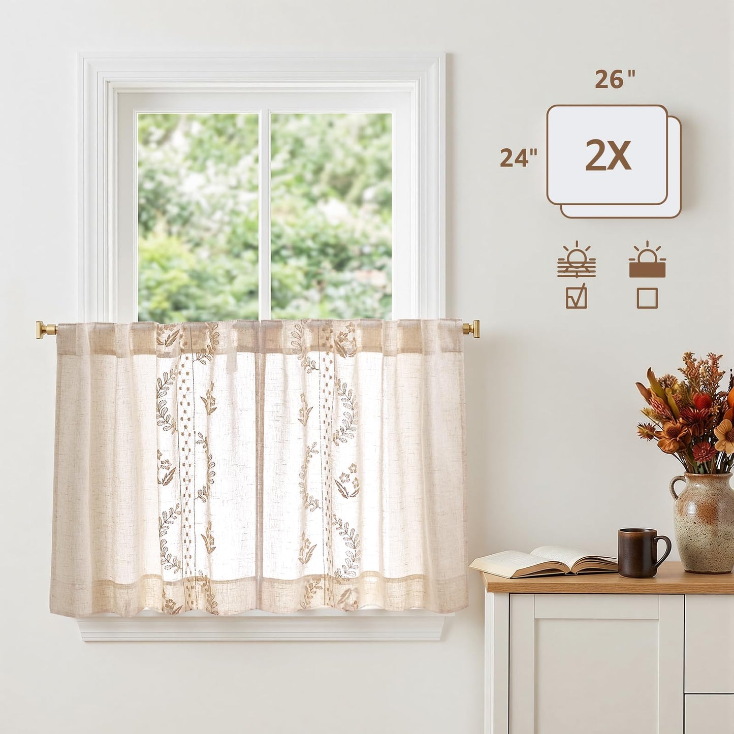 jinchan Belrose Linen Floral Kitchen Curtains 24 inch Length Embroidered Farmhouse Cafe Curtains for Living Room Bathroom Small Windows Curtain Set Sheer Light Filtering 2 Panels Beige