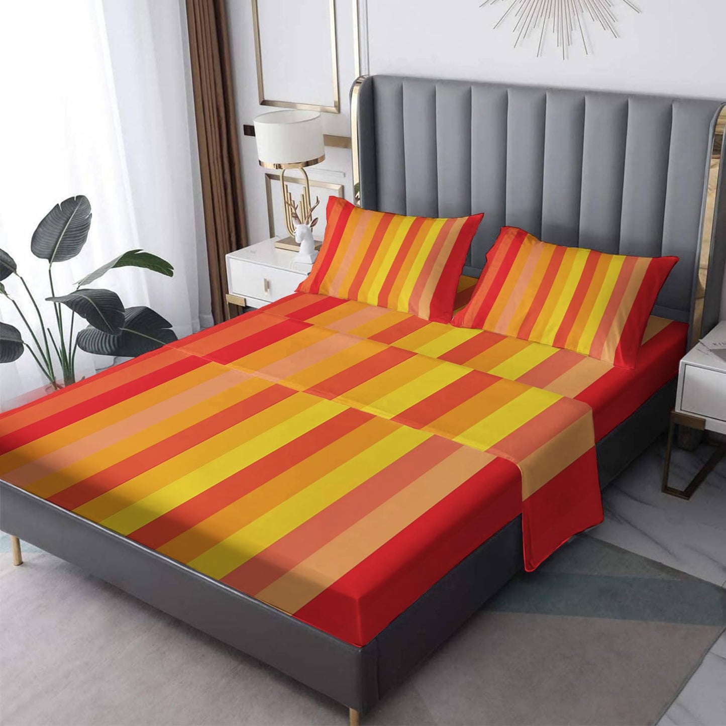 zcsm Queen Sheet Set - Striped Bed Sheets, Burnt Orange and Yellow Stripe Bedding Sheets & Pillowcases, Soft & Deep Pocket & Wrinkle Free Sheet Set, 1 Fitted Sheet, 1 Flat Sheet, 2 Pillow Cases