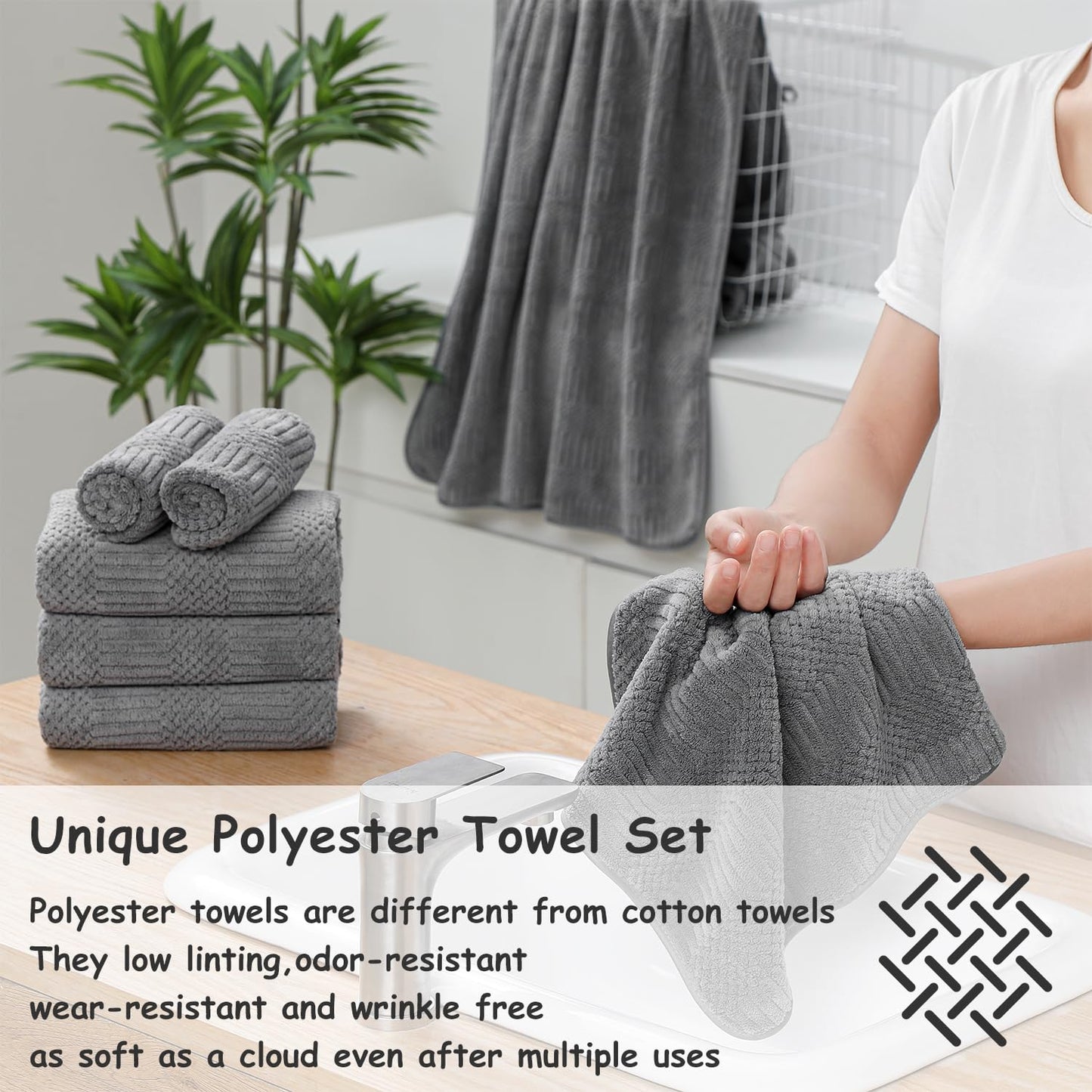 18 Pcs Gray Woven Family Towels Set-6 Bath Sheets,6 Hand Towels,6 Washcloths Soft Microfiber Towels Absorbent Shower Towel Quick Dry Beach Chair Towel Lint Less Towels Set for Bathroom Spa Gym Hotel