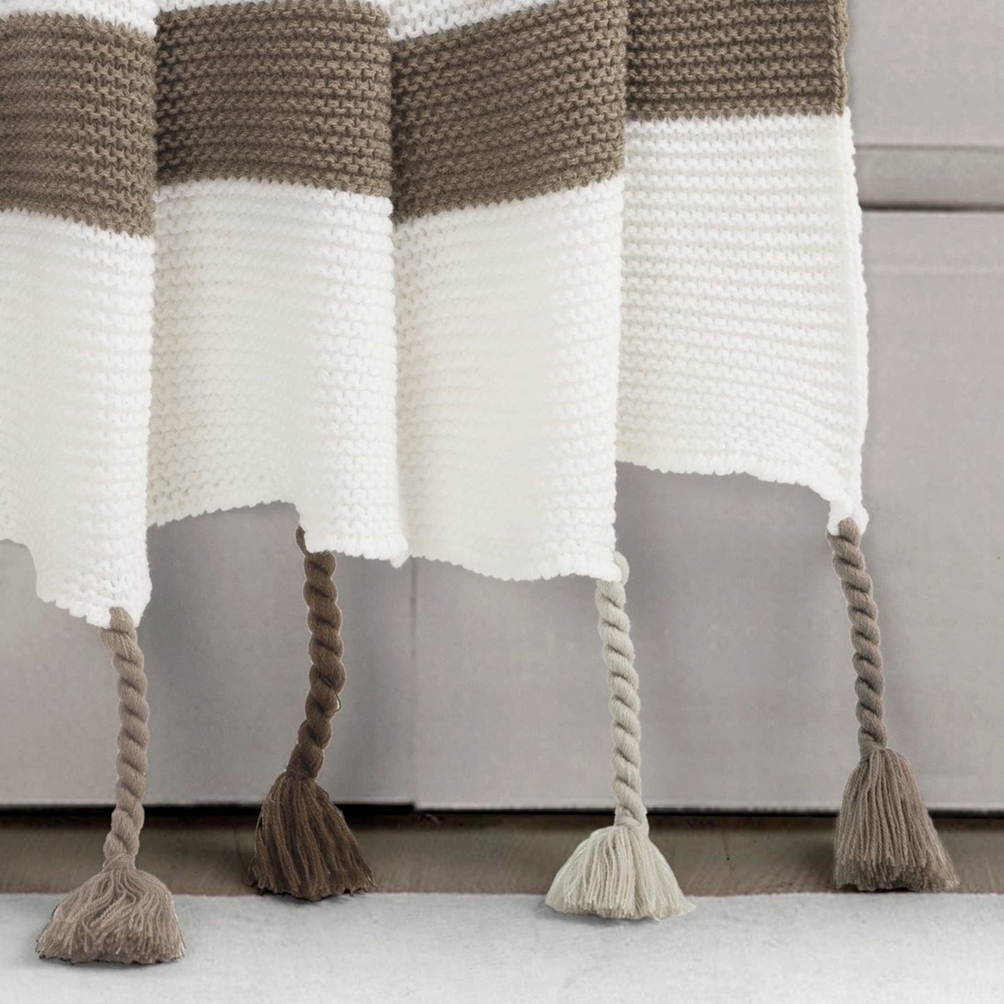 Lush Decor Boho Knitted Braided Tassel Throw Blanket Single 50" W x 60" L Neutral - Striped Throw Blankets for Bed - Couch Blanket - Knit Blankets Brown