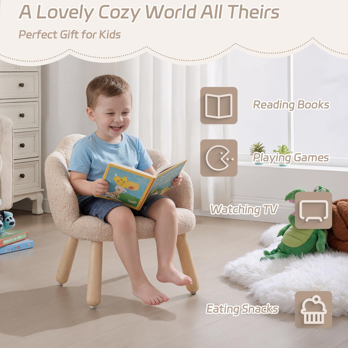 DAYARUS Kid Chair, Toddler Chairs Comfy Sherpa Kids Table Chair, Wood Toddler Couch Sofa, Soft Kid Reading Chair, Boy Girls Desk Chairs for Ages 2-5, Kids Armchair for Bedroom/Nursery/Gifts, Khaki