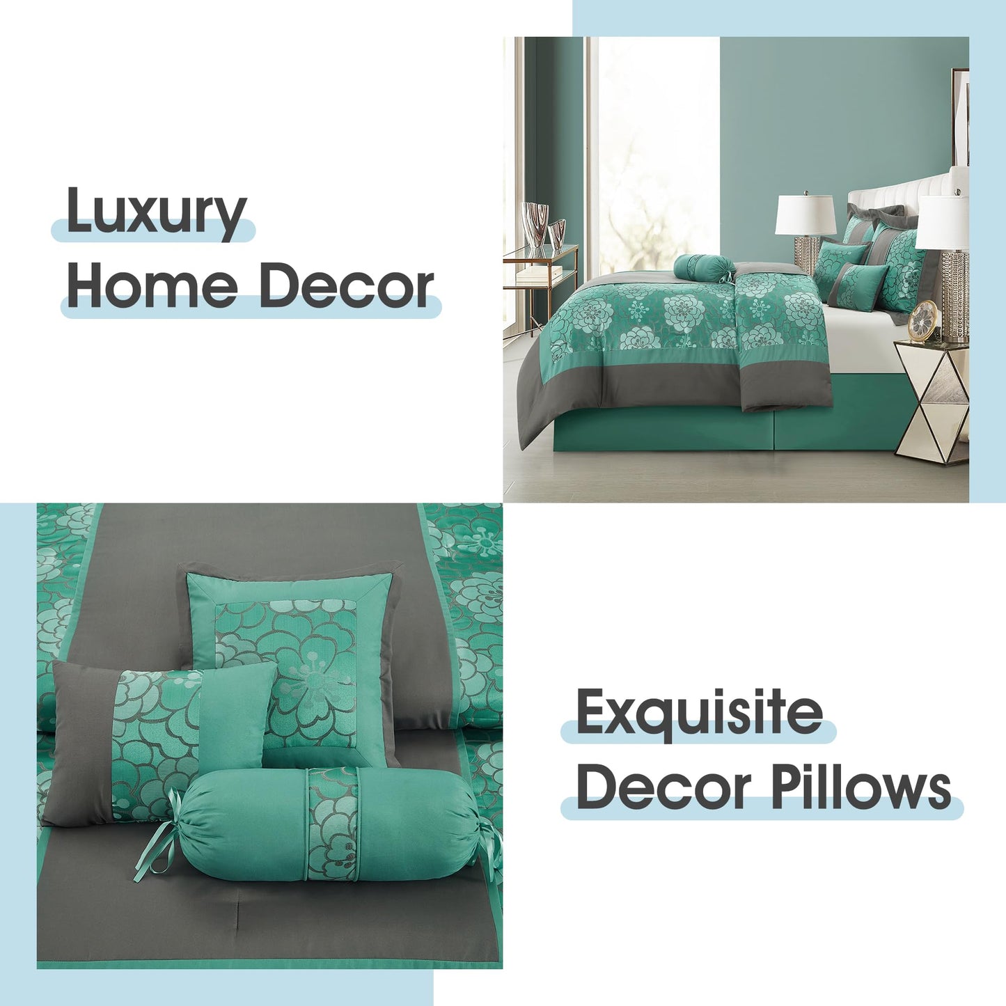 LANCO MODERN LIFESTYLE 7 Piece Queen Comforter Set, Aqua Grey, Elegant Floral Jacquard, Stylish and Cozy Bedding Collection, Premium Bedding Set with Bedskirt, Shams and Pillows