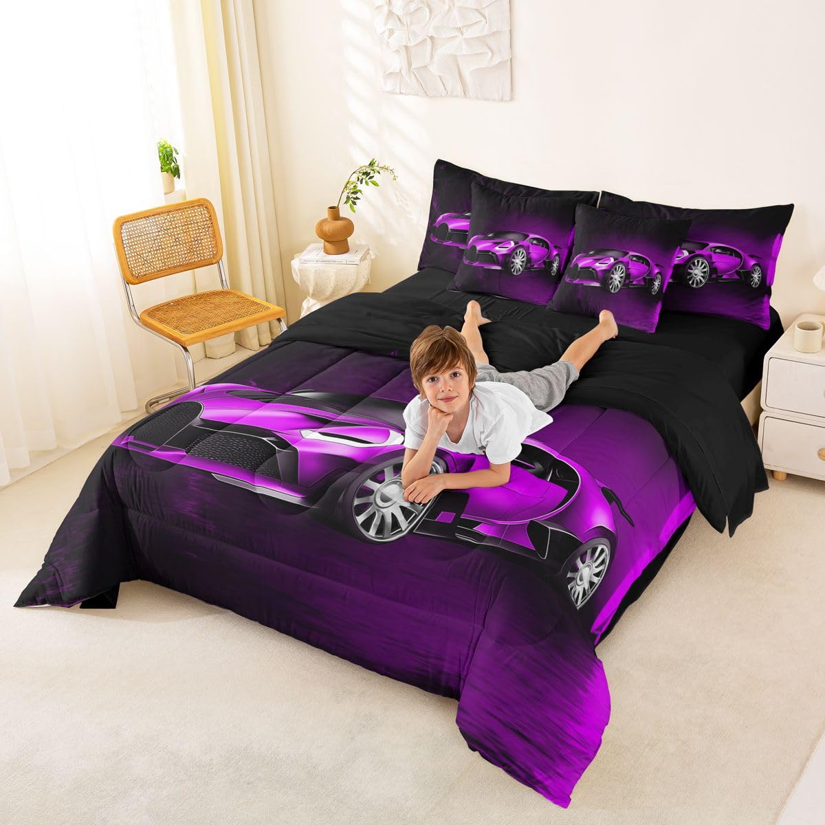 Feelyou Sports Car 7 Piece Bedding Set Purple Race Car Comforter Set with Sheets for Kids Boys Girls Extreme Sports Bed in a Bag Cool Speed Luxury Car Decor Quilt with 2 Pillowcases Queen
