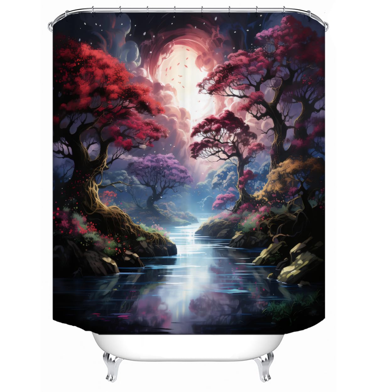 LYFANS Shower Curtains, with Forest and River Themed Bright Colors, Brings A Unique Artistic Atmosphere to The Bathroom. The 72x79 Inch Fabric Shower Curtain Comes with 12 Hooks.