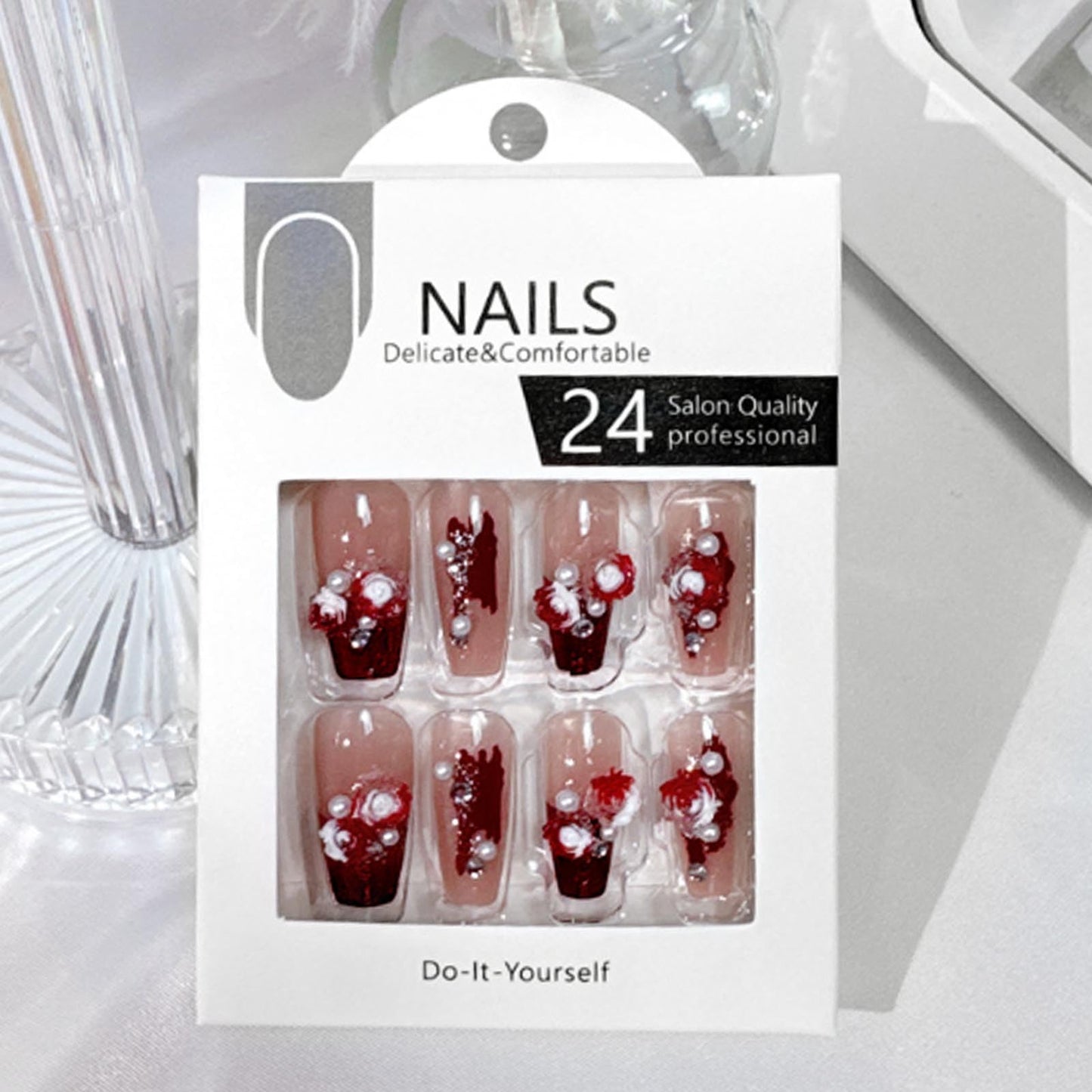 Hkanlre 3D Press on Nails Medium Fake Coffin Nails Tips Full Cover Luxury False Nails for Women and Girls 24PCS
