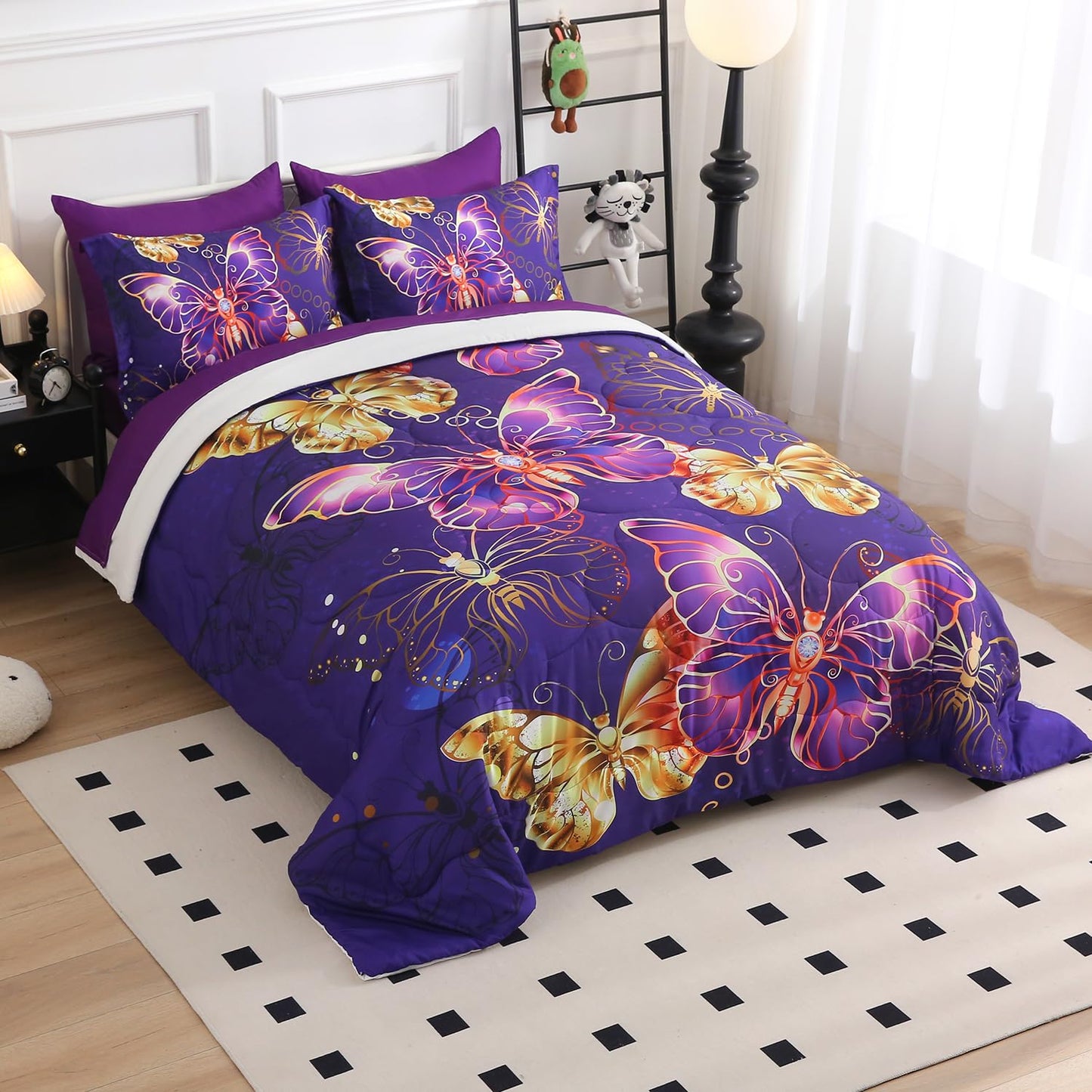 Jameswish 7 Piece Butterflies Comforter Set Full Size 3D Gold Violet Butterflies Bedding Set for Kids Girls Women for Birthday Christmas Gift