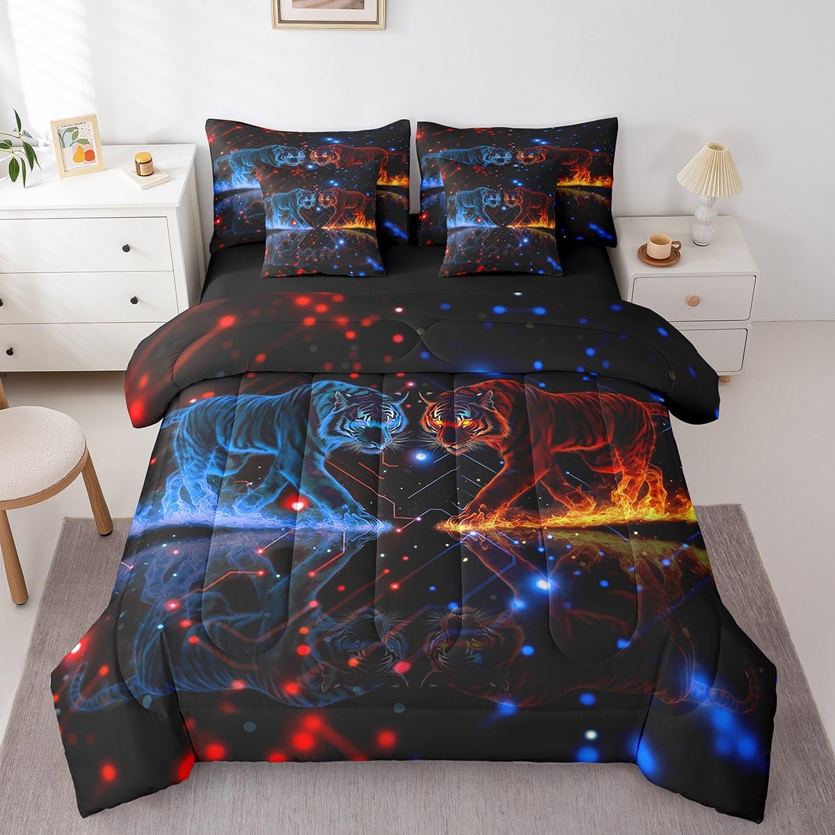 jejeloiu Tiger Bed Set Wild Animal 7 Pieces Bedding Set for Kids Safari Cat Print Bed in a Bag with Comforter, Sheets, Pillowcases Ultra Soft Dot All Season Breathable Lightweight Twin Size