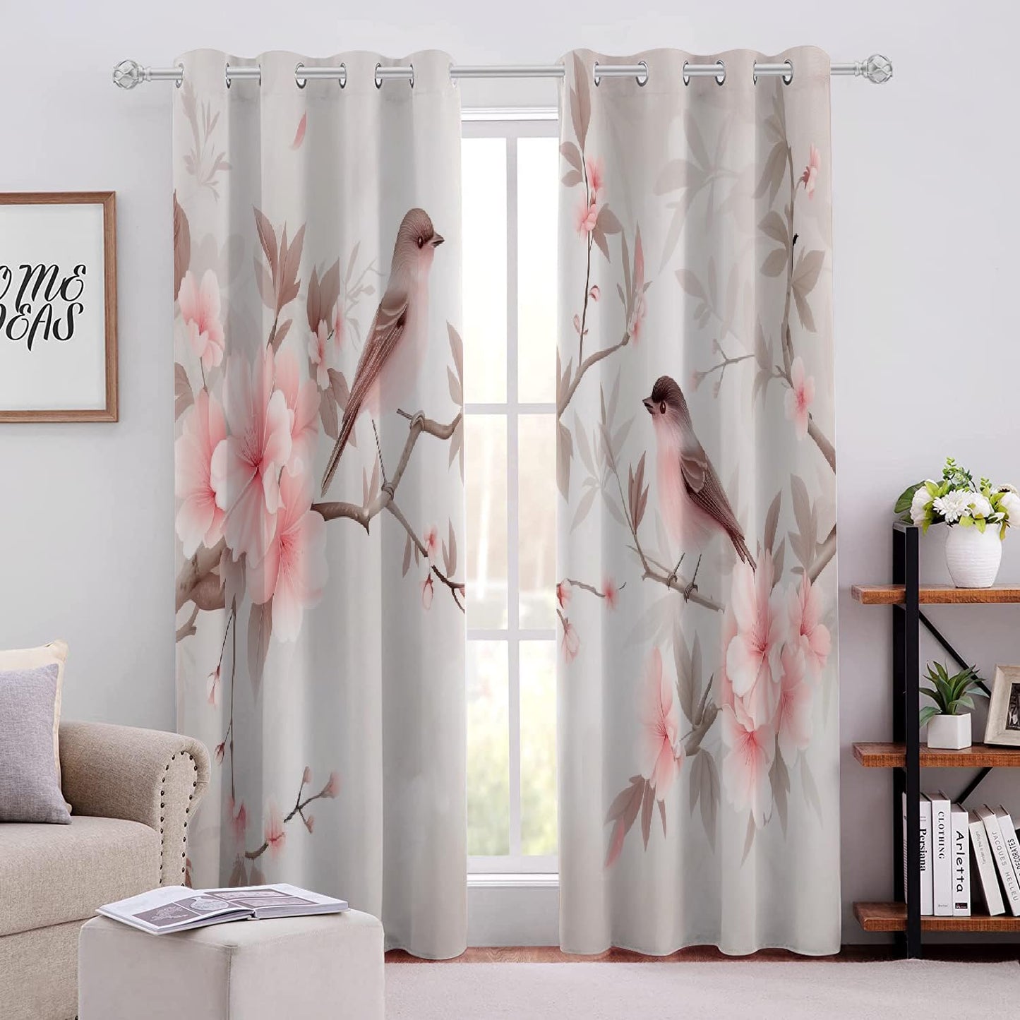 Pink Flower Branches Blackout Curtains, Cute Resting Bird 3D Print Drapes, Darkening Curtains with Top Grommet 2 Panel Drapes for Sliding Glass Door Bedroom Living Room(42" W x 63 "L)