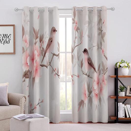 Pink Flower Branches Blackout Curtains, Cute Resting Bird 3D Print Drapes, Darkening Curtains with Top Grommet 2 Panel Drapes for Sliding Glass Door Bedroom Living Room(42" W x 63 "L)