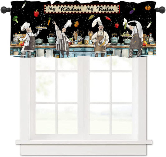 Chef Kitchen Valance Curtains,Vintage Rustic Farmhouse Cutlery Knife and Fork Fat Chef Gourmet Vegetable Fruit Desserts Short Panel Blackout Treatment Drapes for Dining Hal Living Room Cafe 54x 18In