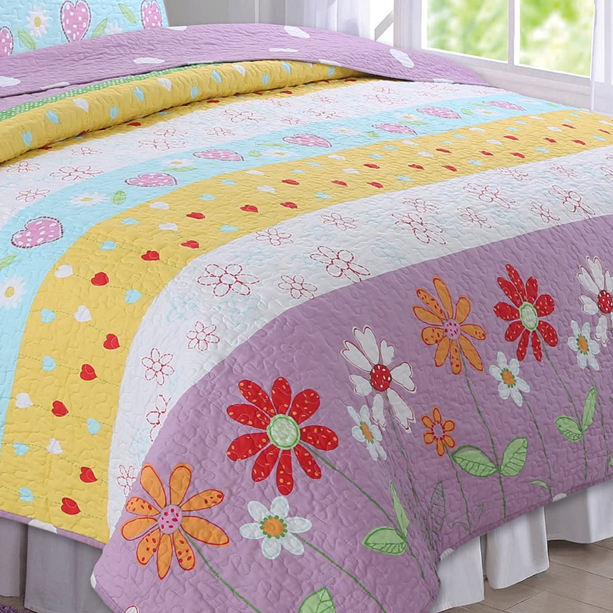 Cozy Line Home Fashions Floral Heart Print Reversible Girl Bedding Quilt Set, Bedspread, Coverlet (Flower Garden, Twin - 2 Piece)
