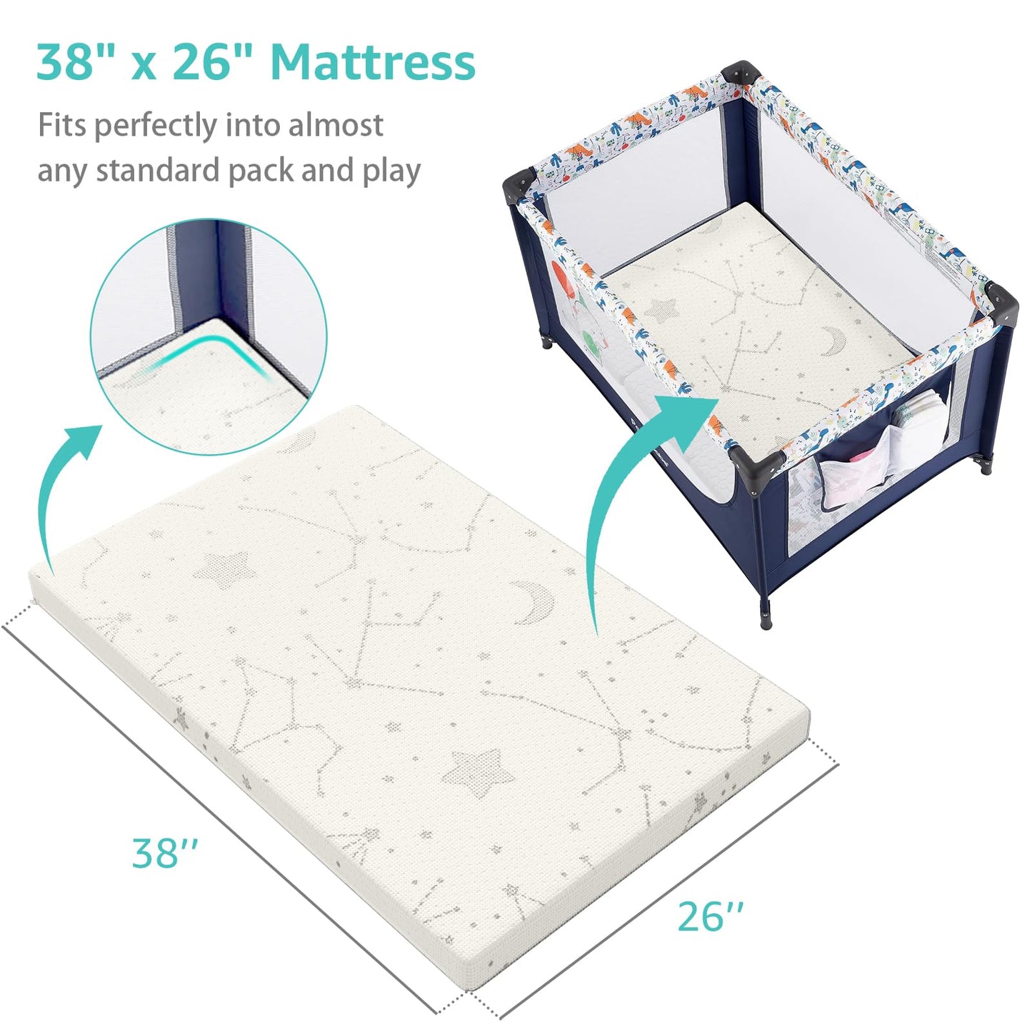 YENING Bamboo Pack and Play Mattress Pad Breathable 38x26 Waterproof Baby Mattress for Pack N Play Matress Topper Waterproof