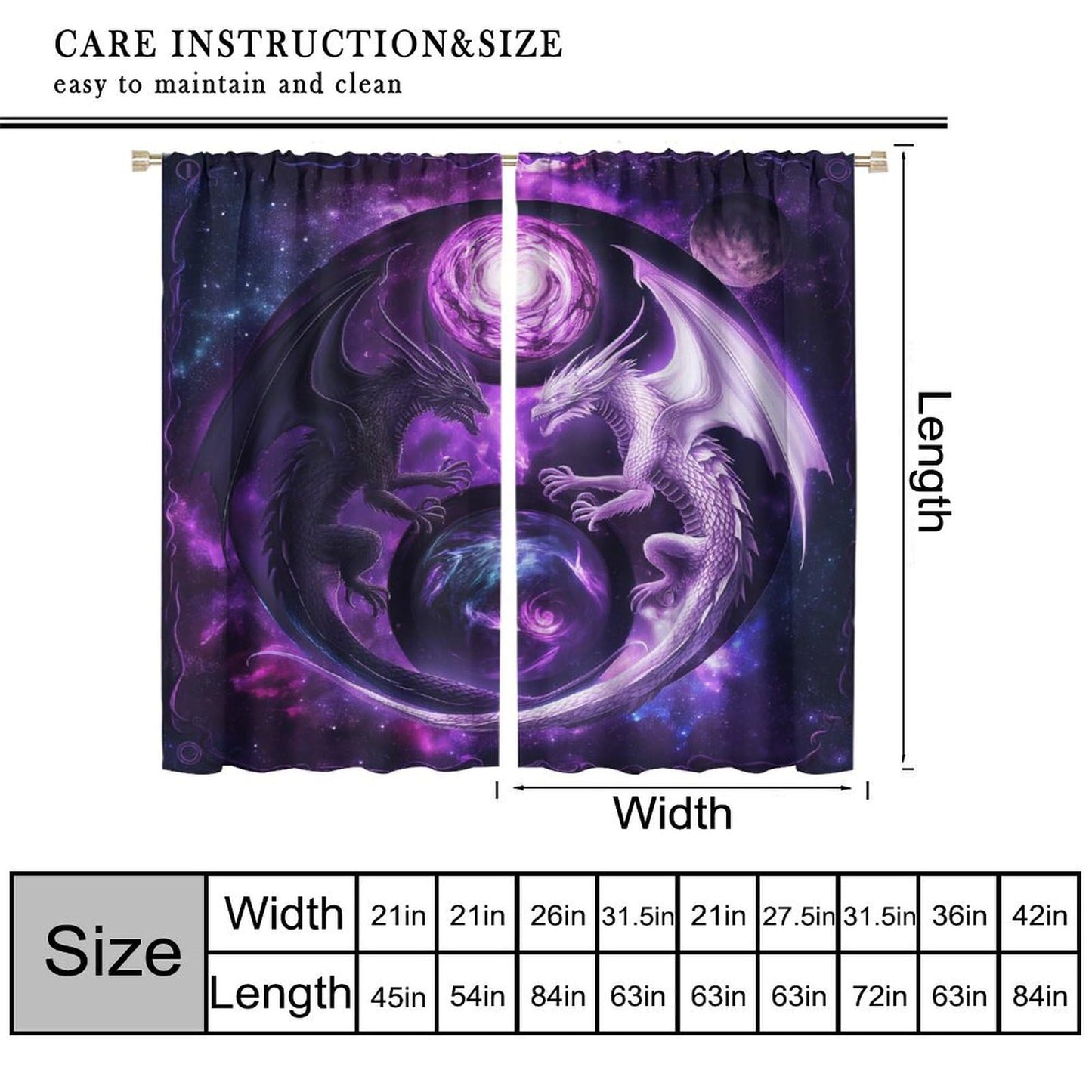 wlsgdsg Dragon Curtains for Boys,Mystery Fantasy Stars 3D Purple Yin Yang Black White Sky Wings Flying Dragon Window Drape Print for Kids Bedroom Living Room 42x45in (No Blackout)