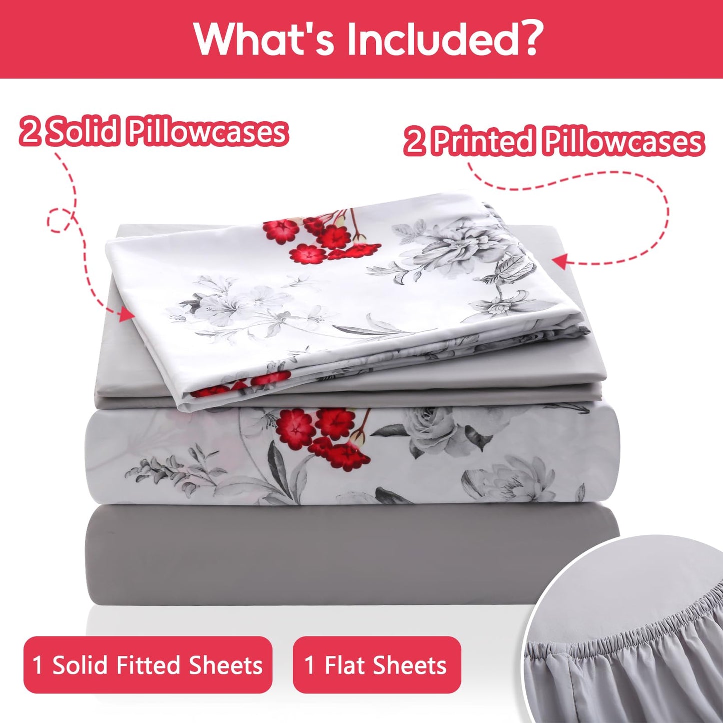 LONAVA Flower Queen Size 6 Pcs Sheet Set, Breathable Microfiber Deep Pocket White Fitted Sheets, Comfy & Breathable Patterned Flat Sheets,4 Gentle Soft Pillowcases, Gothic Rose