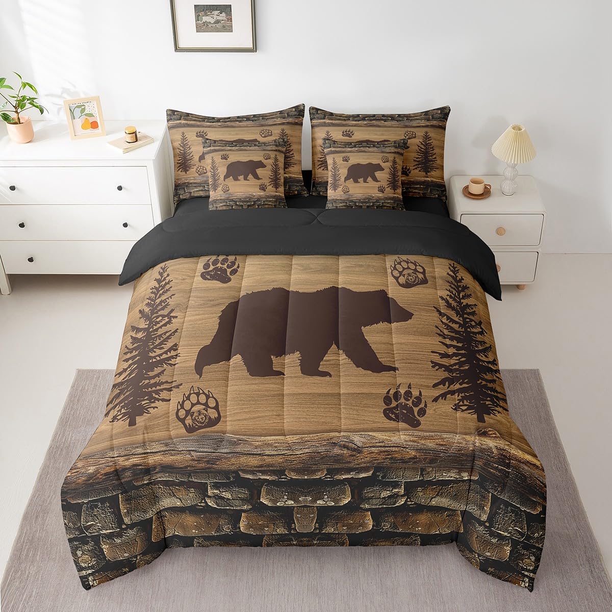 Feelyou Bear Farmhouse Bed in a Bag Boys Queen Size, 7 Pieces Cute Bear Bedding Set for Kids, Ultra Soft Wildlife Decor Bed Set Includes Comforter, Sheet Set, Pillowcases