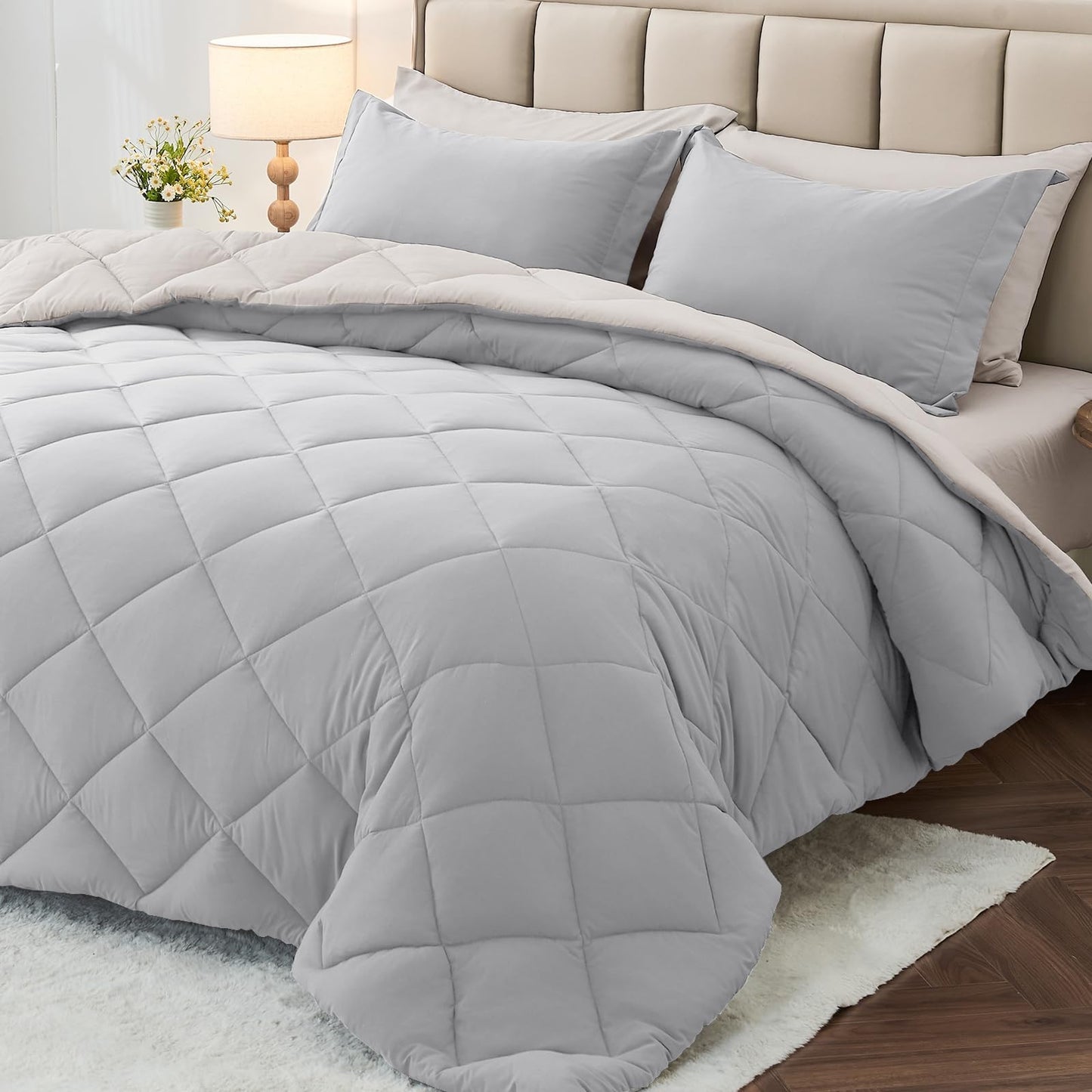 MUXHOMO 7 Pieces California King Comforter Set, Reversible Bed in a Bag Cal King Size, All Season Bedding Set with Comforter, Flat Sheet, Fitted Sheet, Pillowcases & Shams, Light Grey & Beige