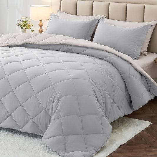 MUXHOMO 7 Pieces California King Comforter Set, Reversible Bed in a Bag Cal King Size, All Season Bedding Set with Comforter, Flat Sheet, Fitted Sheet, Pillowcases & Shams, Light Grey & Beige
