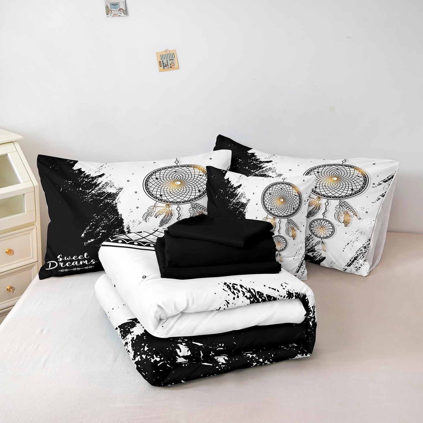Bedbay Dream Catcher Comforter Set 8 Pieces King Size Comforter with Sheets Mandala Boho Bedding Soft Quilt Set Abstract Marble Texture Black White Queen Bed in a Bag for Boys Girls Teen Adults