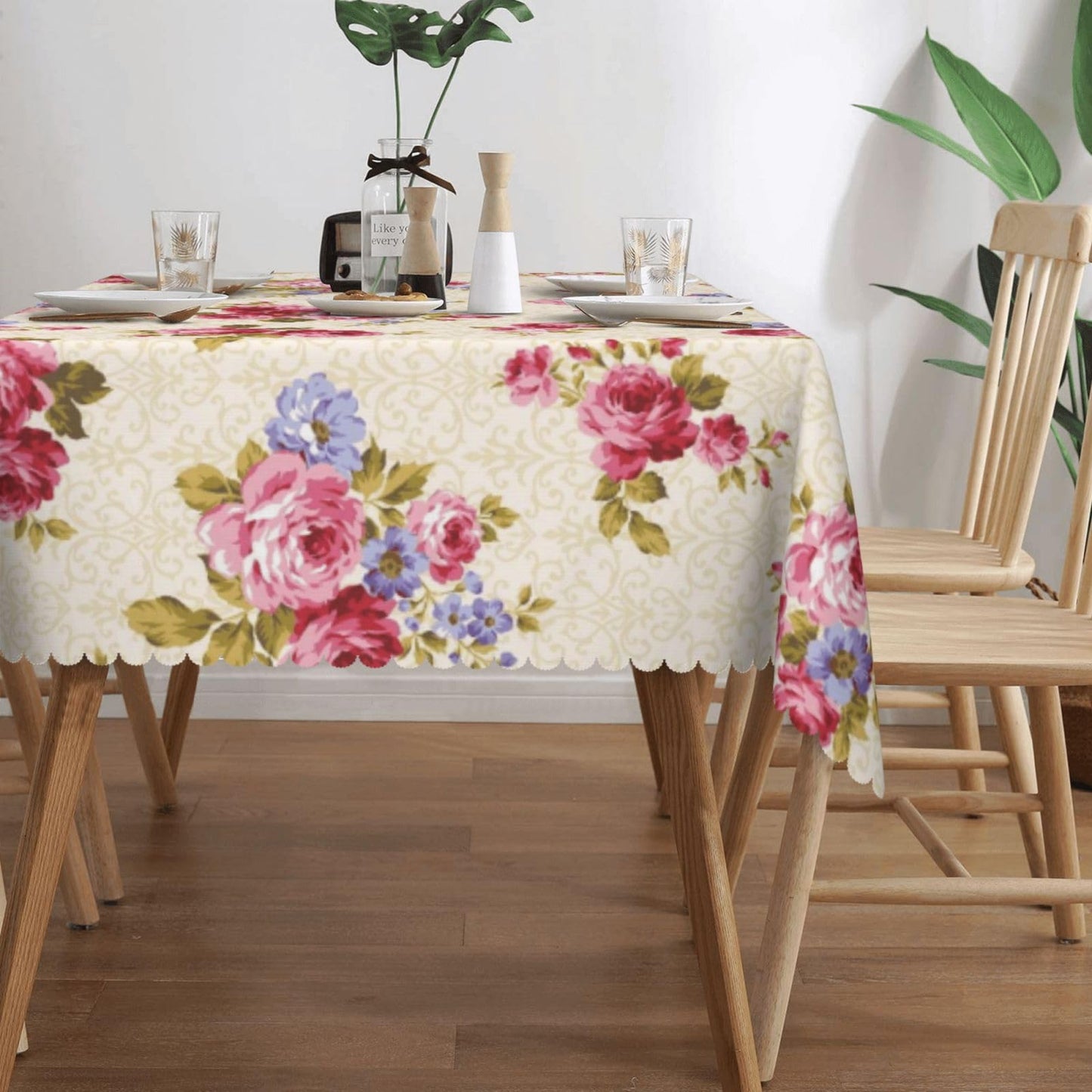 XUNNEECY Rose Pattern Tablecloth 54x72 Inches, Pink Floral Rectangular Polyester Table Cover with Wave Lace, Washable Dining Table Cloth for Kitchen, Party, Outdoor