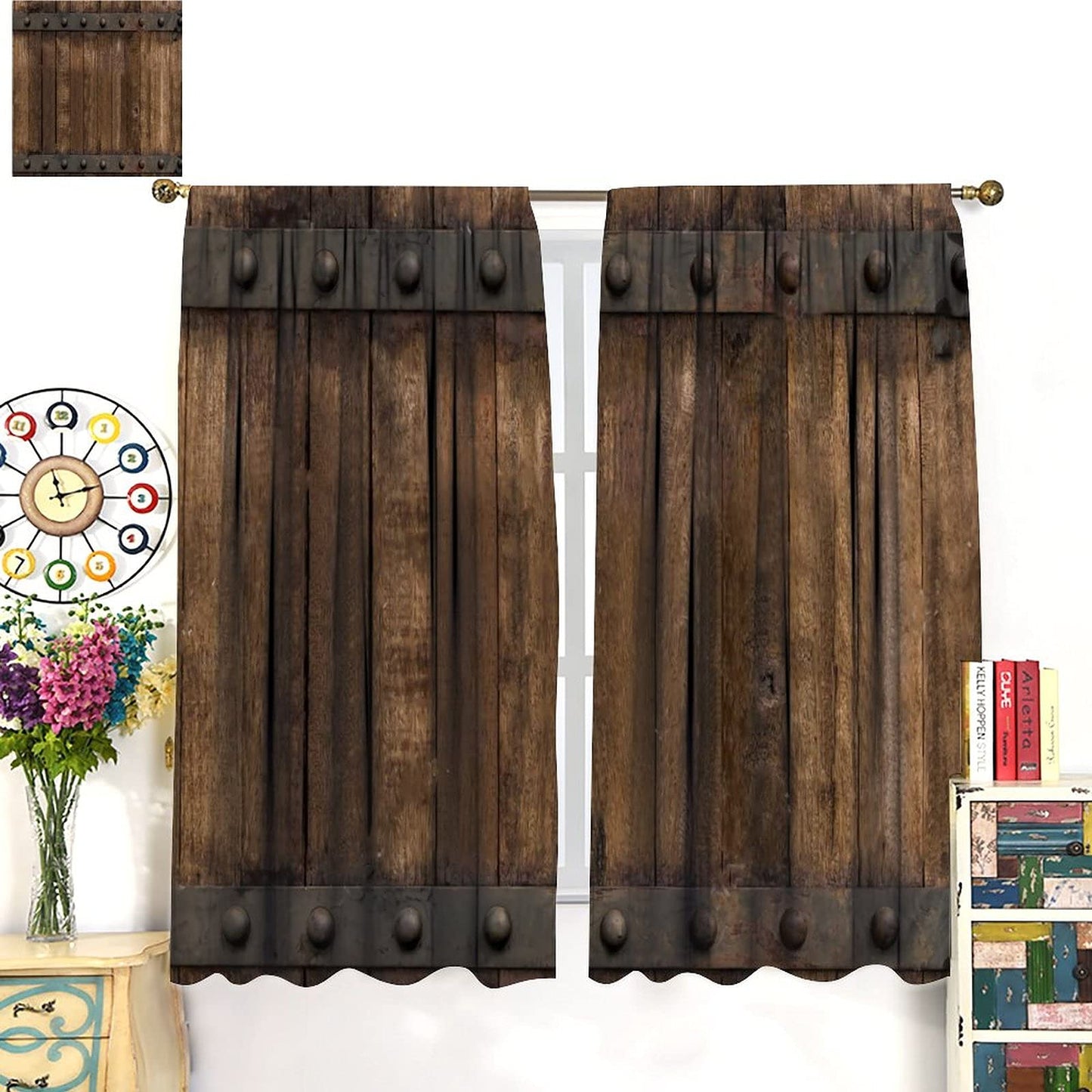 Rustic Wooden Barn Door Curtains Pocket Curtains Timber Wood Brown and Old Metal Panels Texture Thermal Insulated 42x63inch(107x160cm)