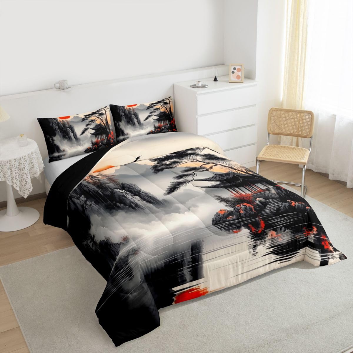 jejeloiu Chinese Ink Painting Comforter Set Queen Size Japanese Style Bedding Set for Kids Boys Girls Red Sun Mountain Duvet Quilt Bedroom Decor Microfiber 3 Pcs with 2 Pillow Cases