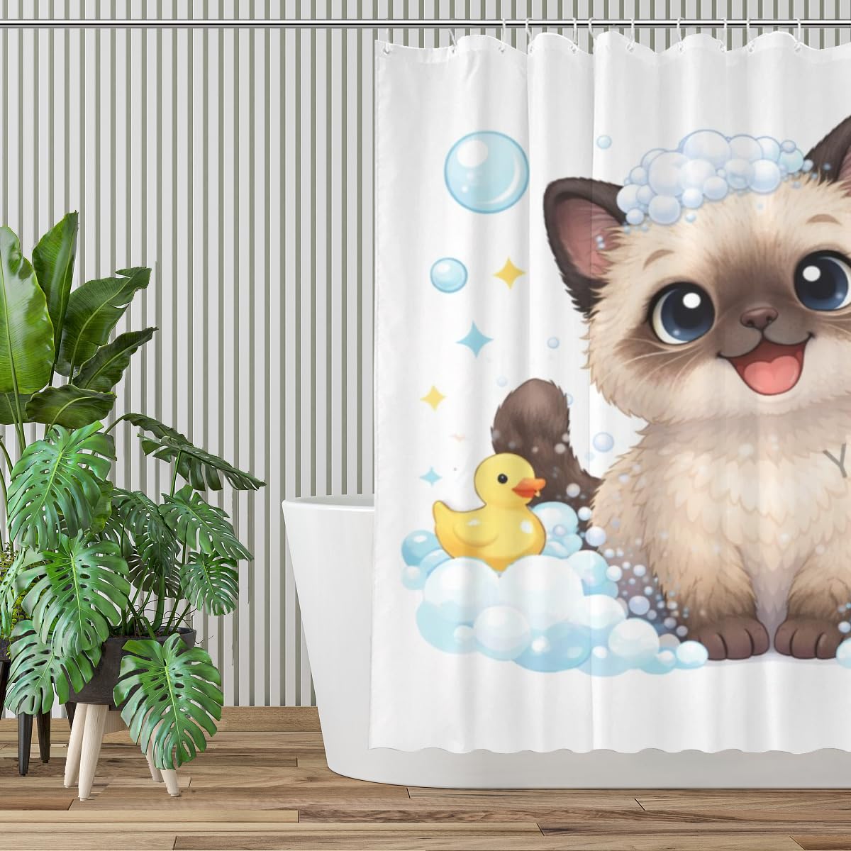 Youtoko Funny Siamese Cat Bathroom Decor Shower Curtain 72x72 Inch with 12 Hooks Cute Farm Animal Bubble Bath Rubber Duck Waterproof Washable Polyester