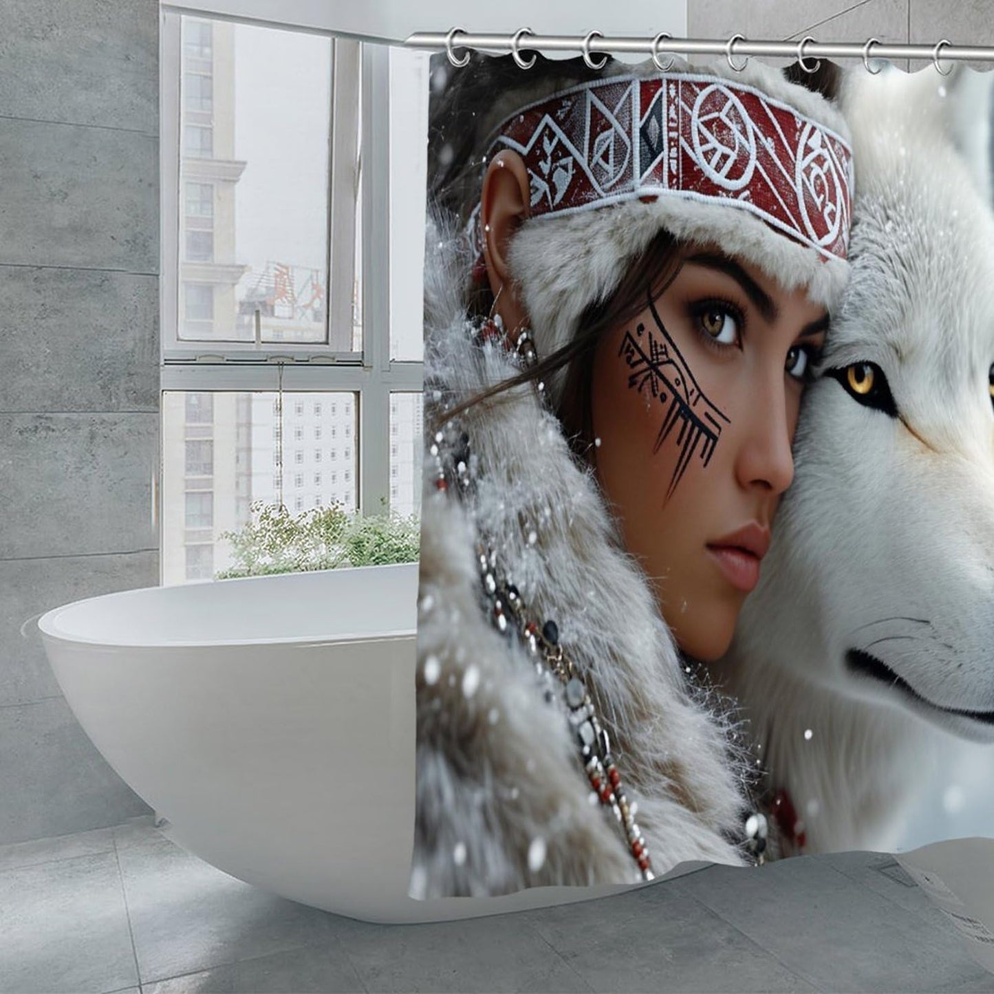 DGOGNFDNG Majestic Female Warrior & White Wolf with Glowing Eyes Shower Curtain 71x71 Inches Waterproof and Bright Fabric Shower Curtains Bathroom Toilet Accessories Decor