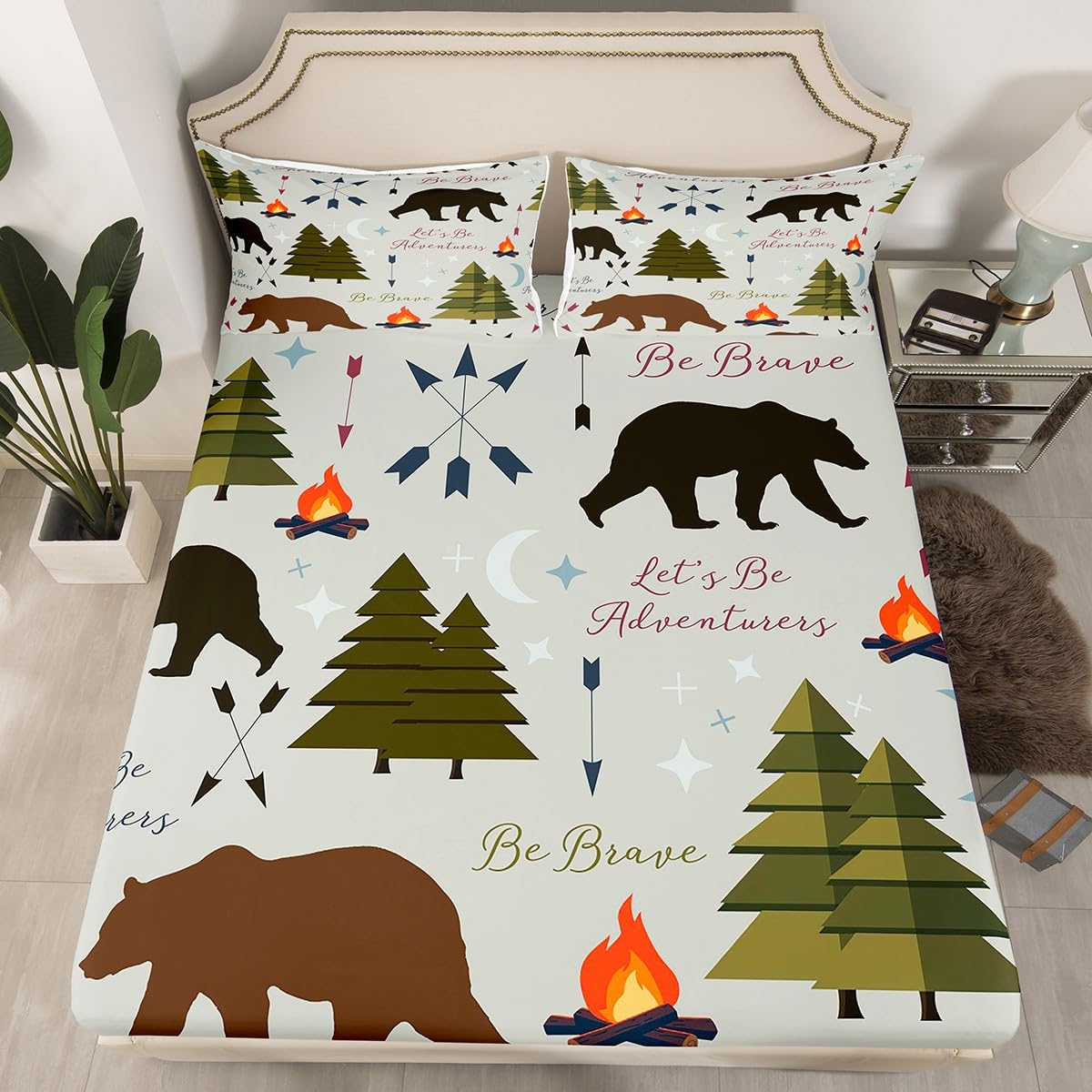 Homewish Happy Camping Fitted Sheet Twin Size Hunt Bear Pine Trees Bedding Set for Kids Boys Men Adults Cabin Room Decor Campfire Arrow Cartoon Bed Sheet Wild Outdoor Adventure Deep Pocket Sheet 2pcs