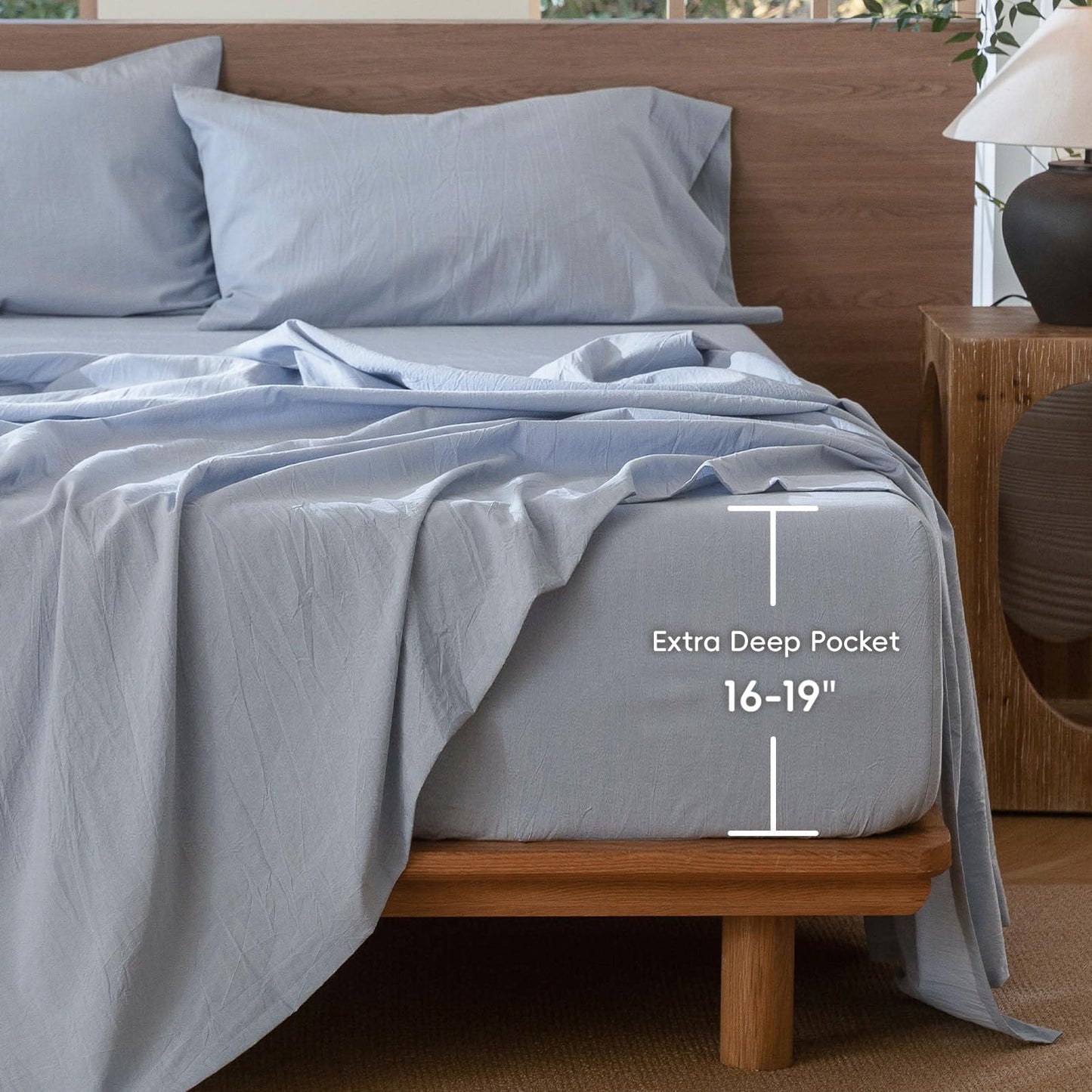 MooMee Fitted Bottom Sheet Only 100% Washed Cotton Linen Like Textured Breathable Durable Soft Comfy Deep Pocket Fits Mattress up to 17" (Cornflower Blue, Queen)