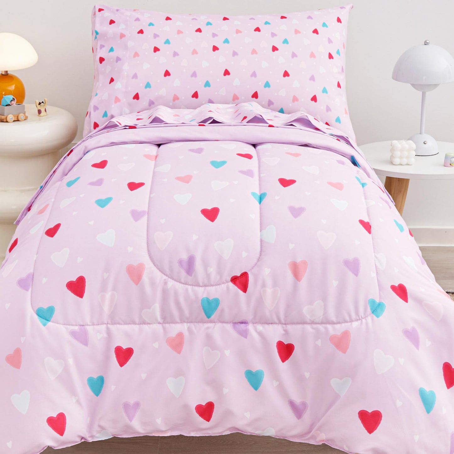 Viviland Purple Heart Toddler Comforter Sets, Cute Girls Toddler Bedding Set, Soft Microfiber Toddler Bed Set