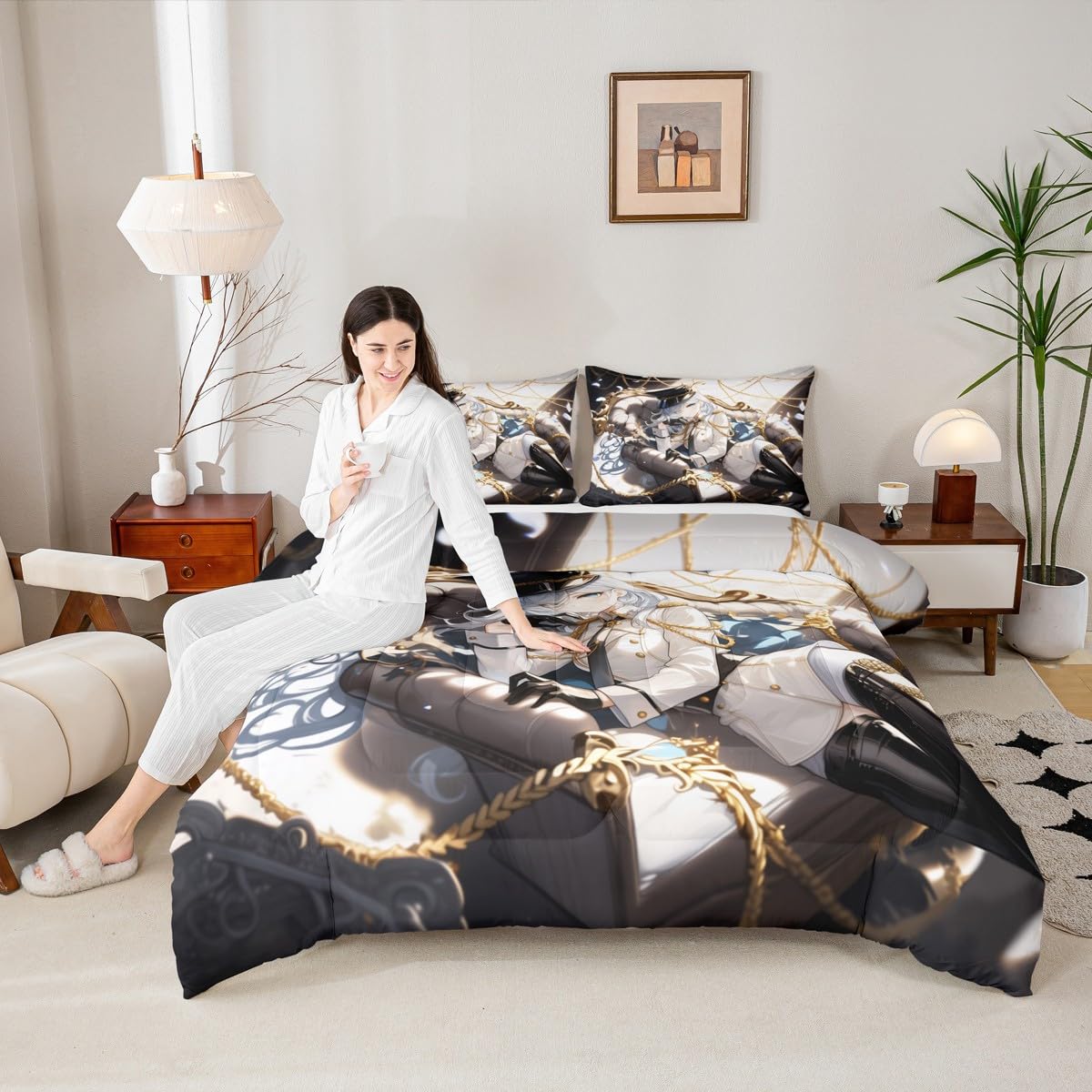 Erosebridal Anime Girl Full Bedding Set for Kids, Kawaii Japanese Anime Comforter Set Cartoon Girl Duvet Insert for Girls Boys Teens Men Japanese Animation Down Comforter, 2 Pillow Cases