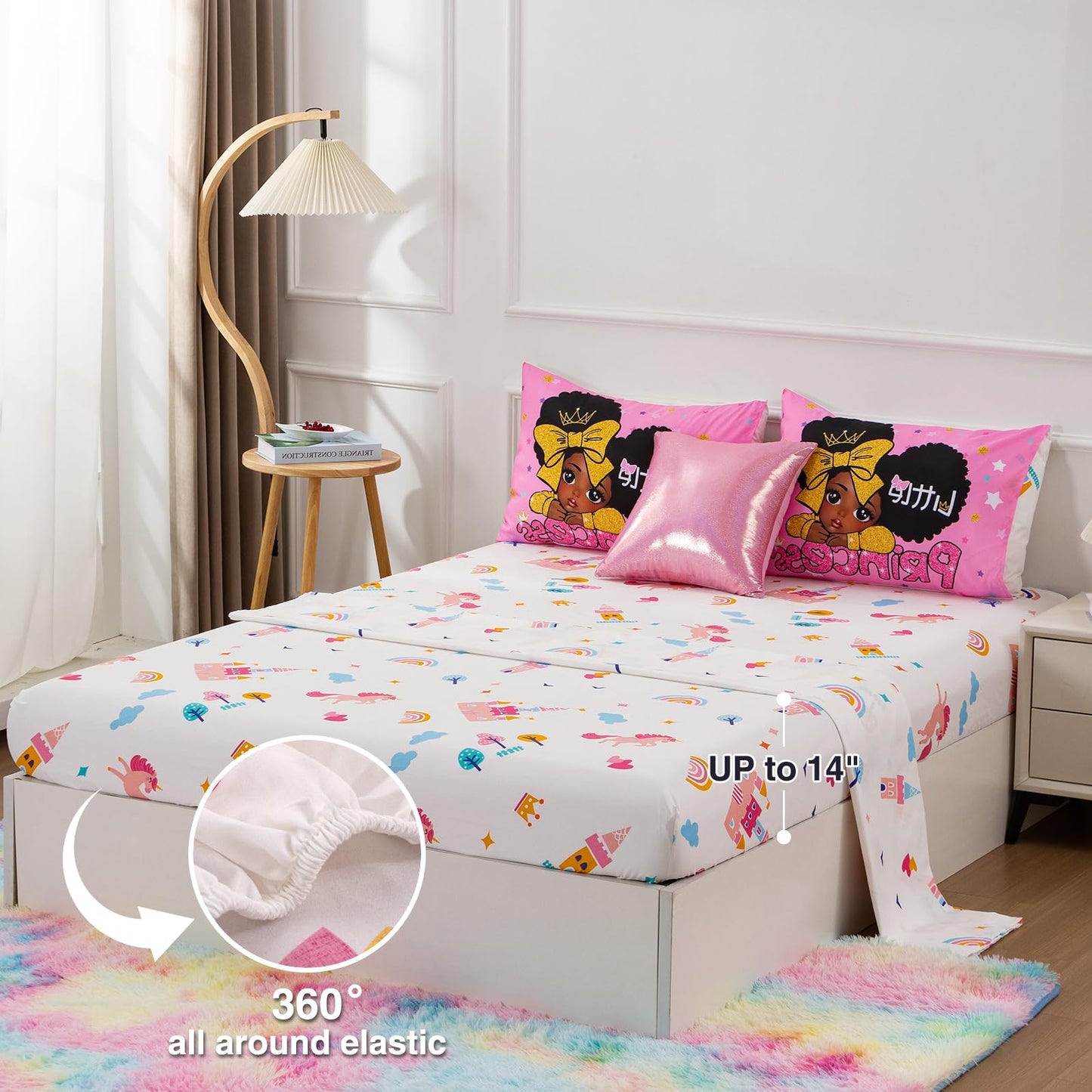 A Nice Night Black Girl Little Princess Comforter Set, Pink 6Pcs Bed in A Bag Twin Size Sparkling Stars Bedding Set,for Kids, Girls